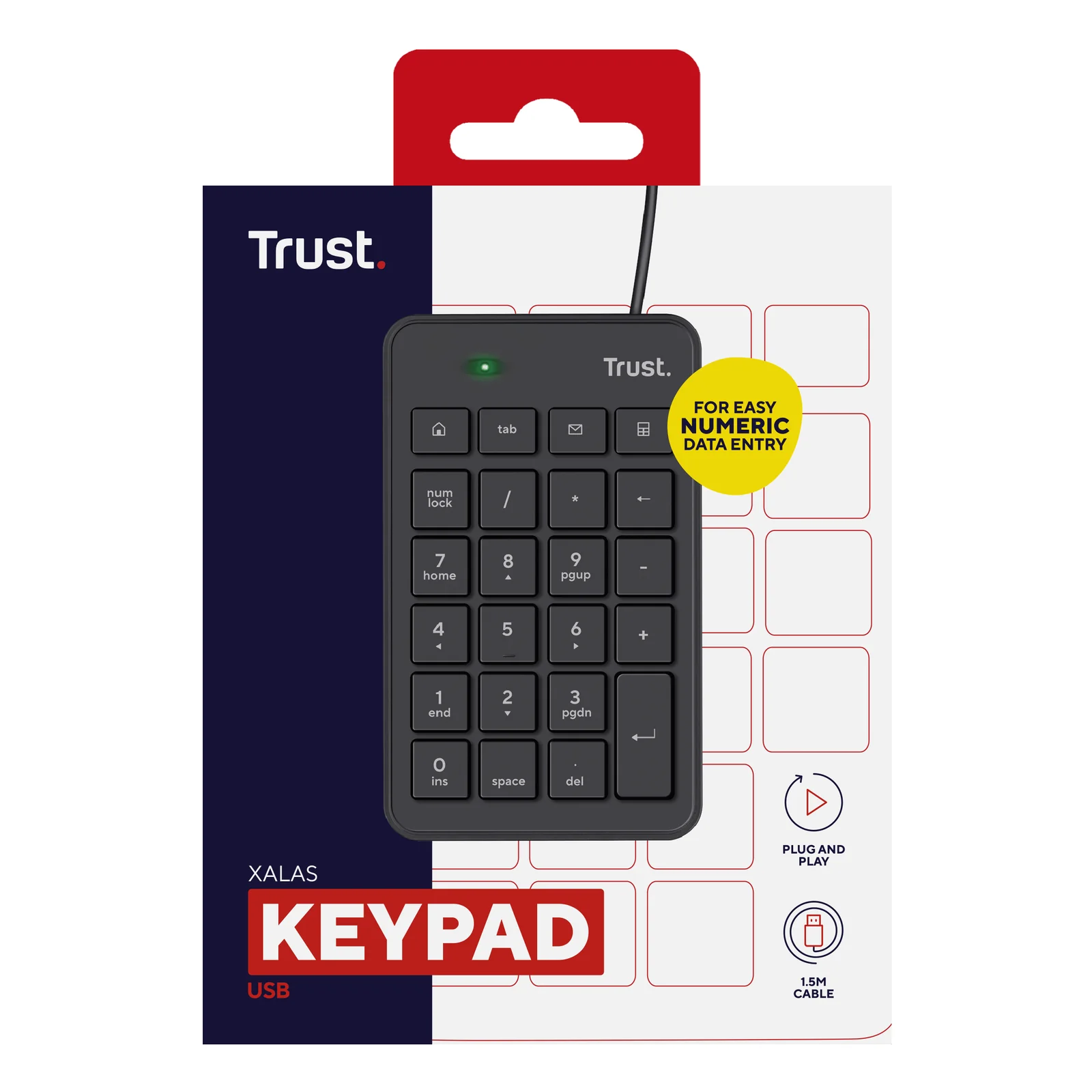 Boîte d'emballage Trust HALUS Keypad, face avant avec pictogrammes fonctionnalités