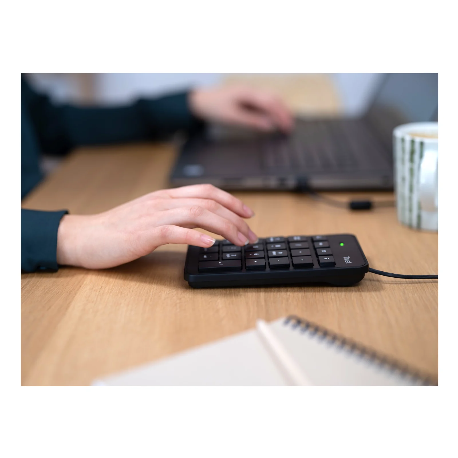 Photo d'usage, main posée sur pavé numérique Trust noir sur bureau en bois