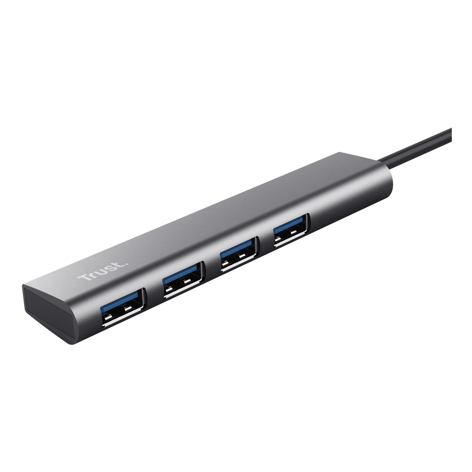 Trust Halyx hub USB-A 4 ports, profil slim, finition aluminium gris, câble intégré noir