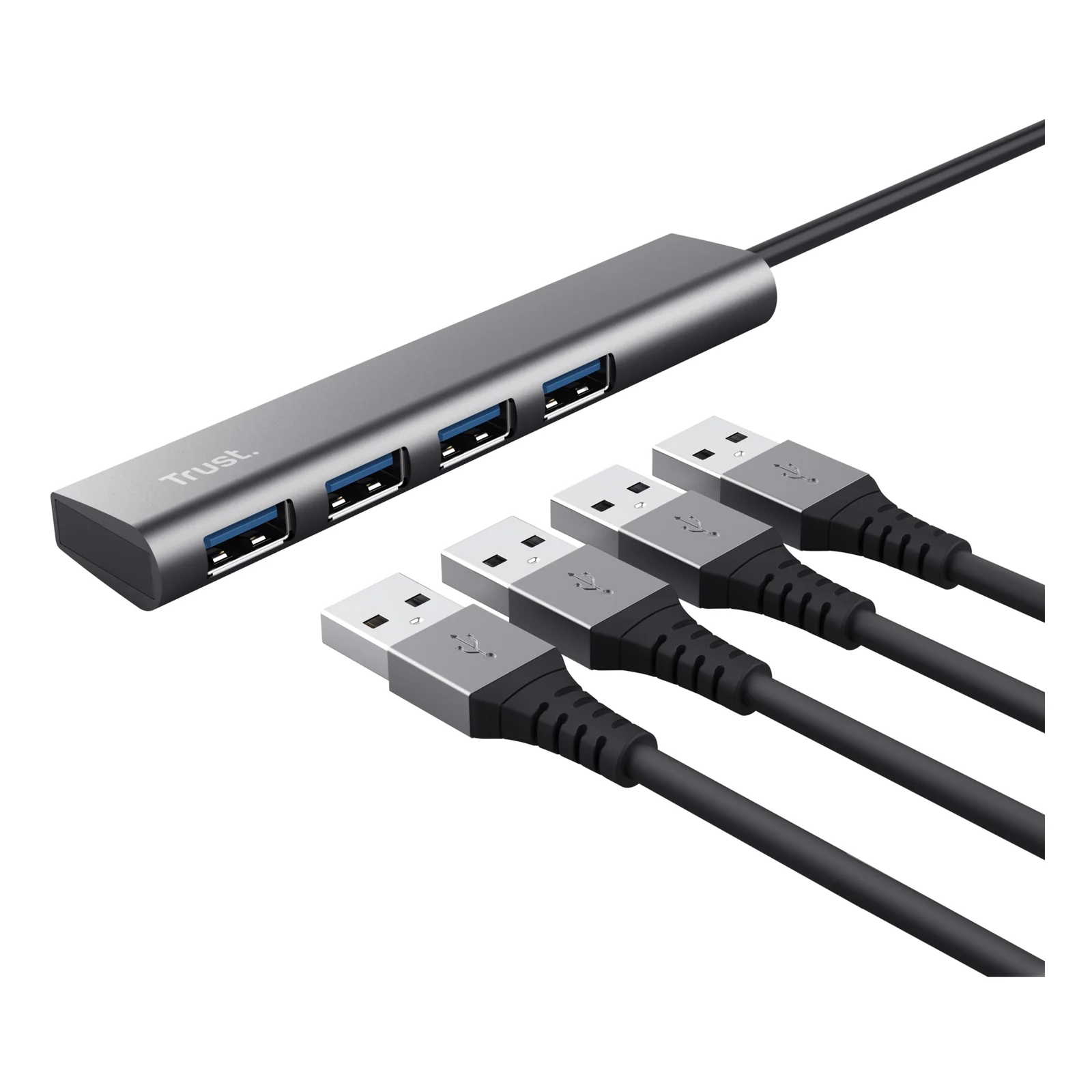 Hub Trust Halyx 24947 avec 4 câbles USB-A branchés, boîtier aluminium gris anthracite