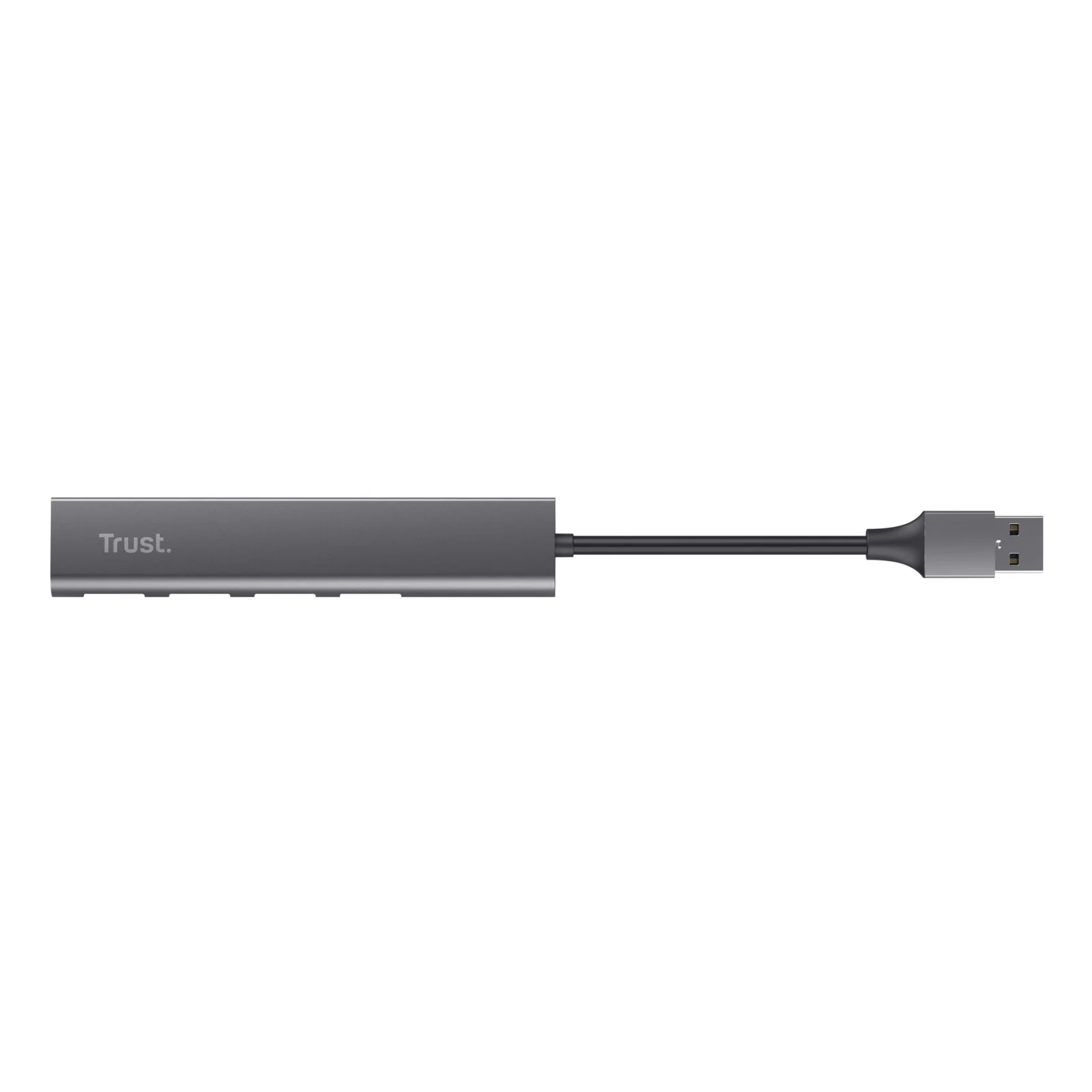 Trust Halyx hub USB 4 ports, vue de dessus légèrement inclinée, ports USB-A visibles, finition aluminium gris