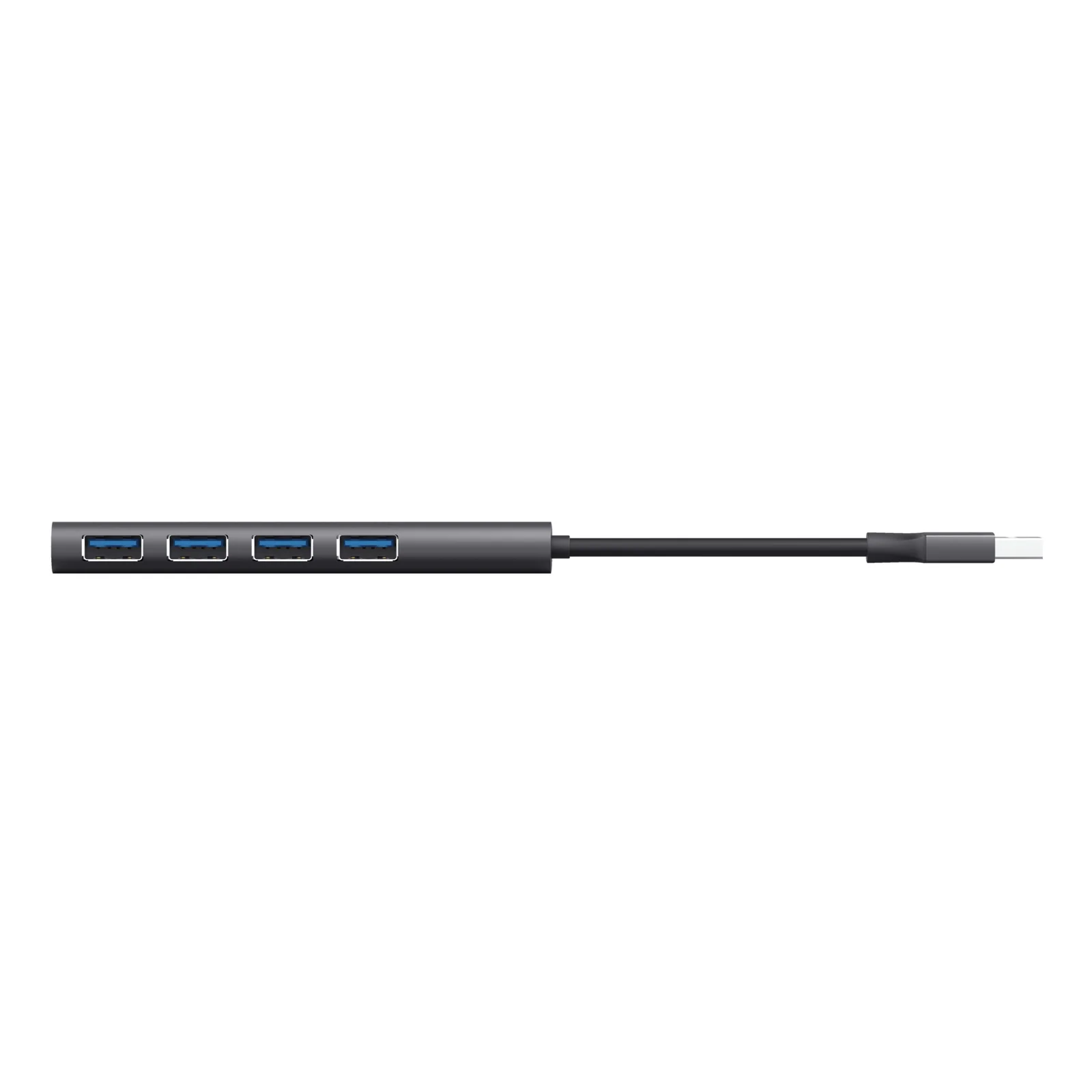 Hub USB slim Trust Halyx, vue de profil, connecteur USB-C côté hôte, boîtier aluminium gris anthracite