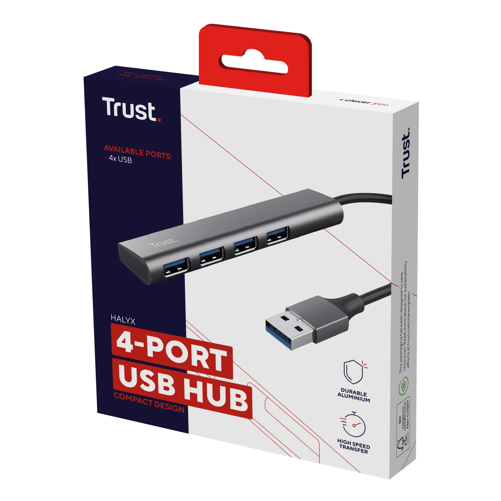 Boîte de vente Trust Halyx 4-Port USB Hub, packaging gris et blanc
