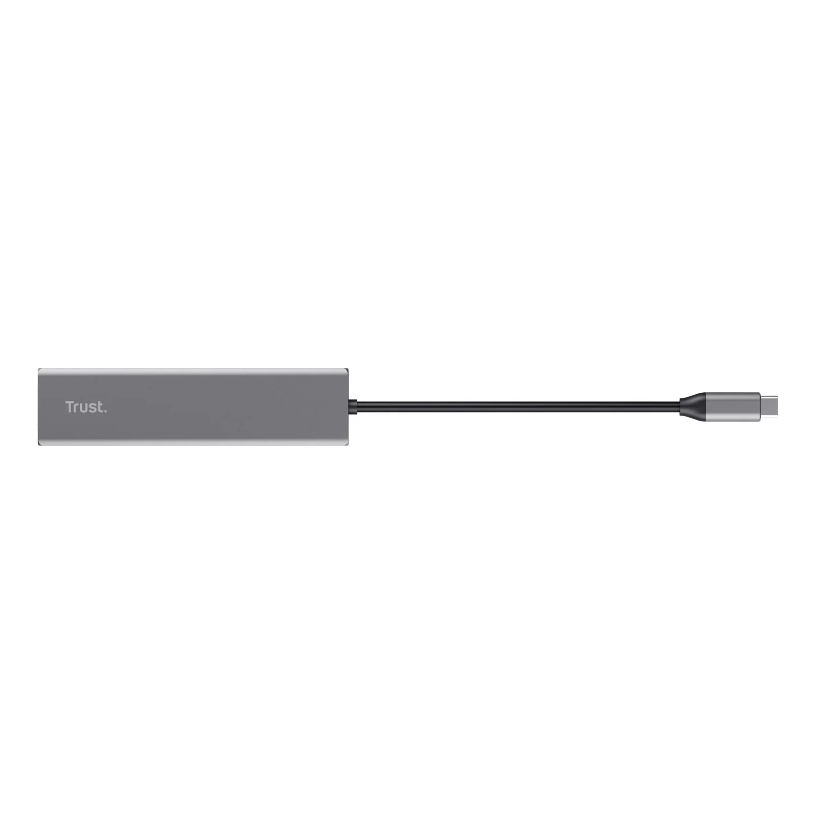 Hub USB-C Trust Halyx, vue de profil, boîtier aluminium fin et câble noir
