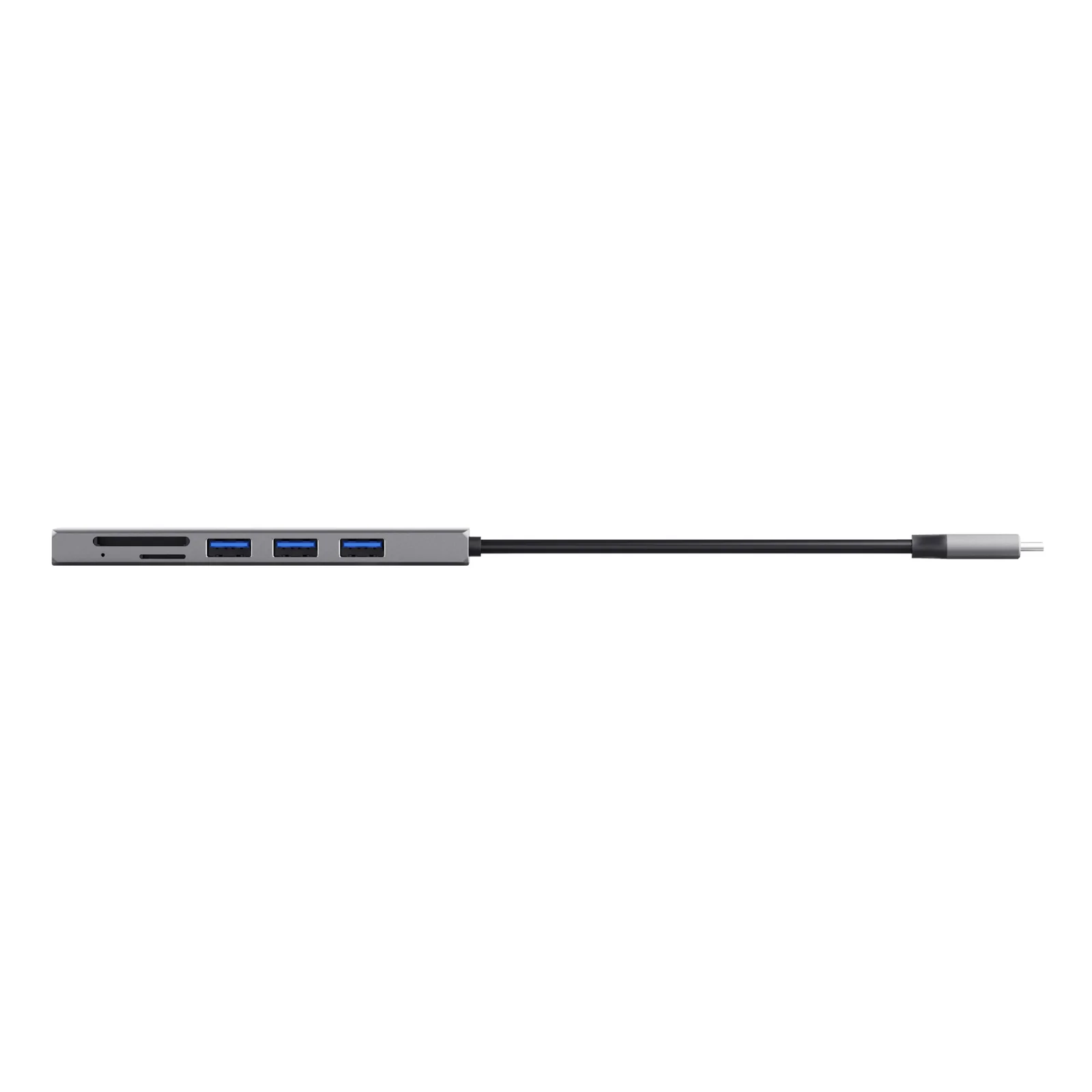 Hub USB-C Trust Halyx aluminium allongé, vue de dessus, ports USB-A et lecteurs de cartes apparents