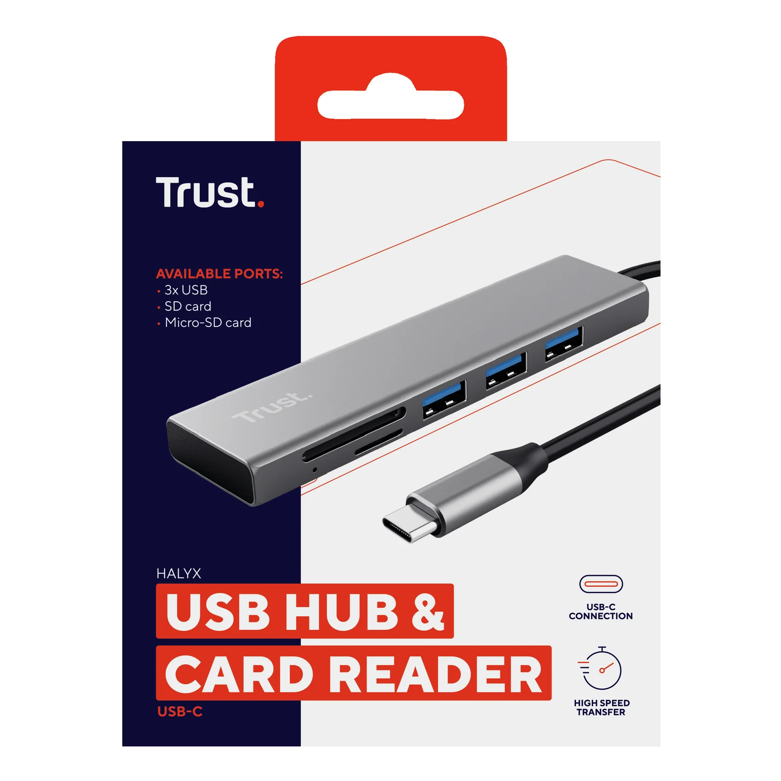 Boîte de vente Trust Halyx, packaging rouge et gris, mention USB Hub and Card Reader