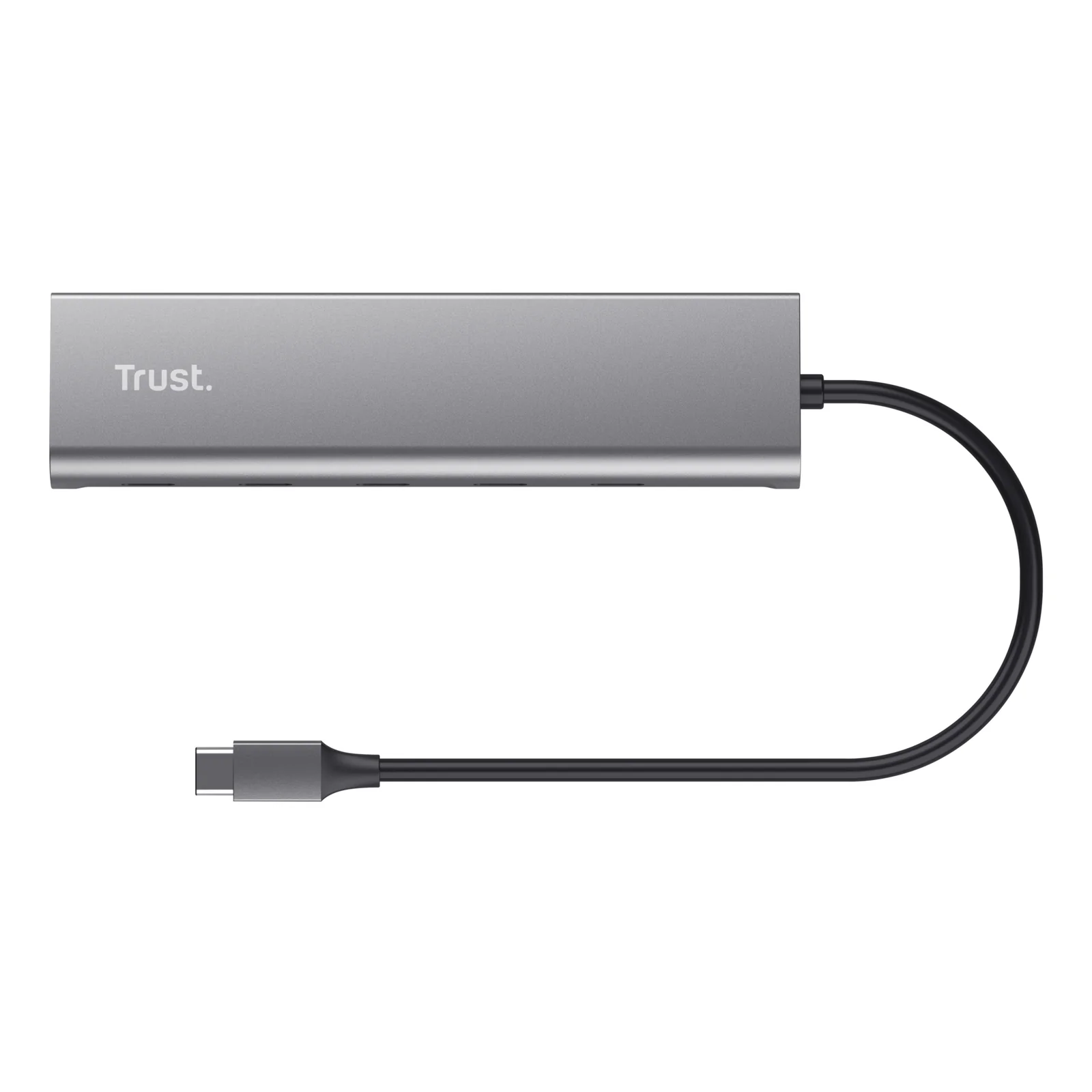 Hub Trust Halyx de face, logo Trust visible, boîtier gris argent, câble court noir