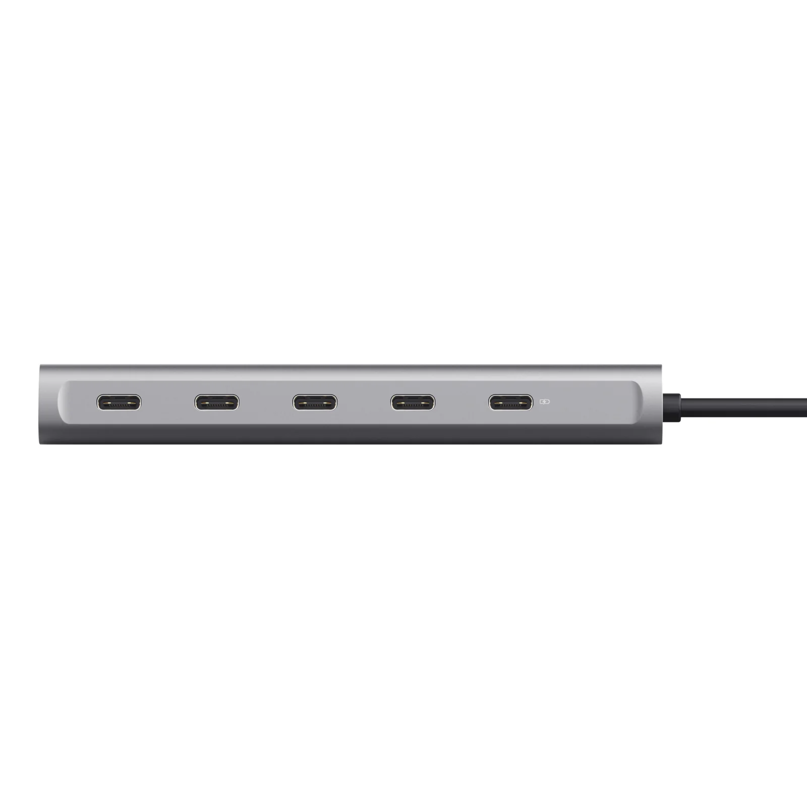 Hub Trust Halyx de profil, rangée de 5 ports USB-C visible, boîtier fin gris argent