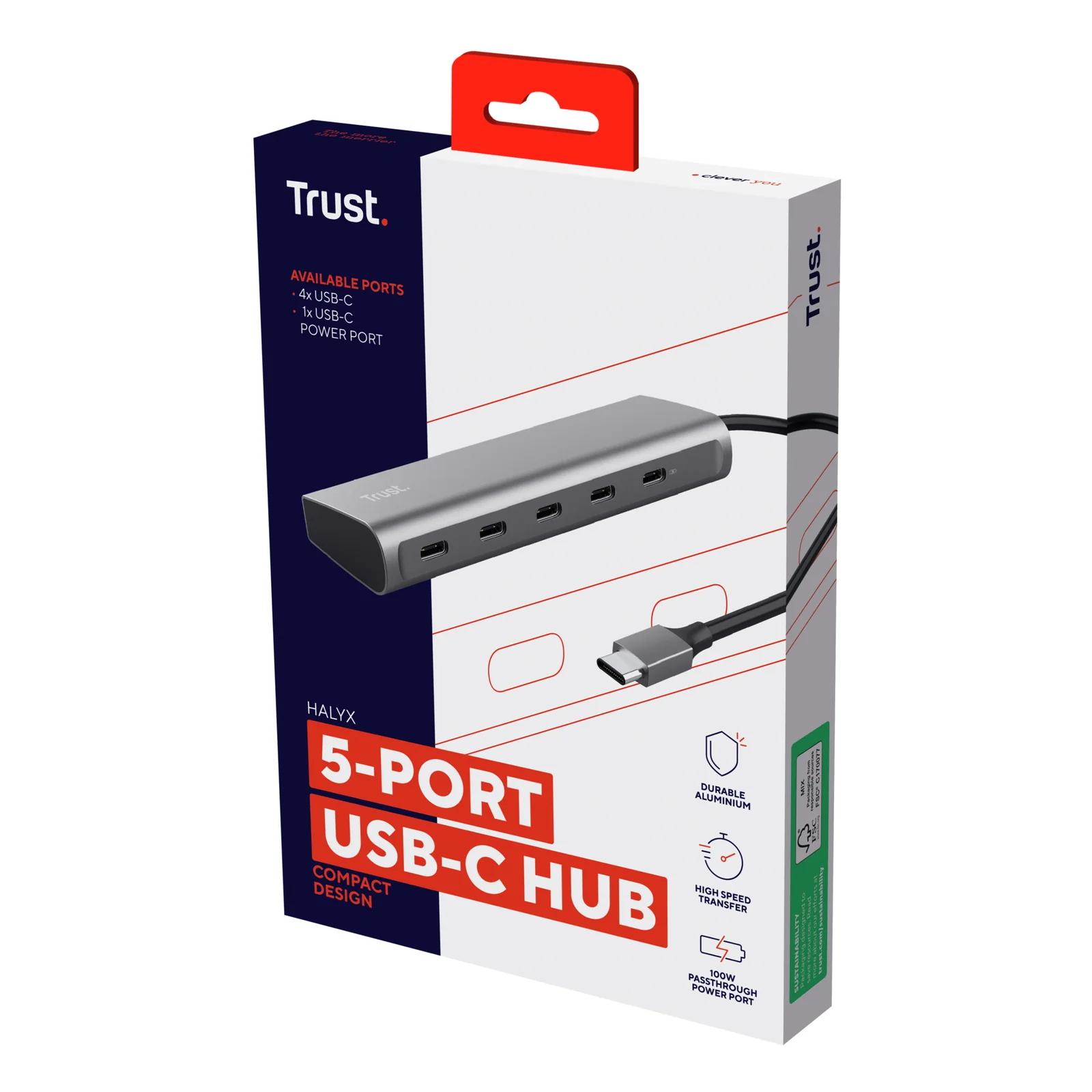 Boîte Trust Halyx Hub USB-C 5 ports, packaging gris et violet avec illustration produit