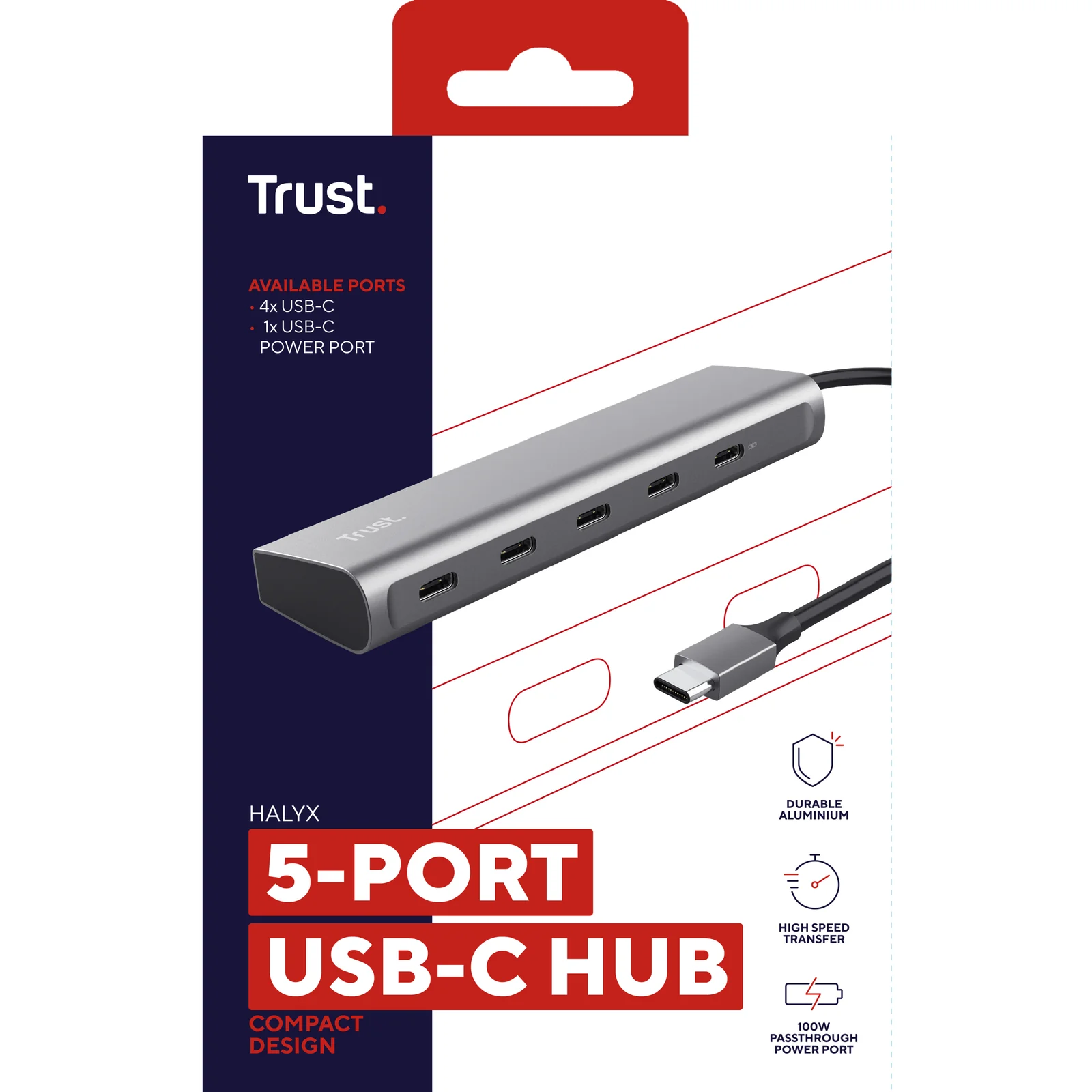 Dos de la boîte Trust Halyx Hub USB-C 5 ports, informations et spécifications produit