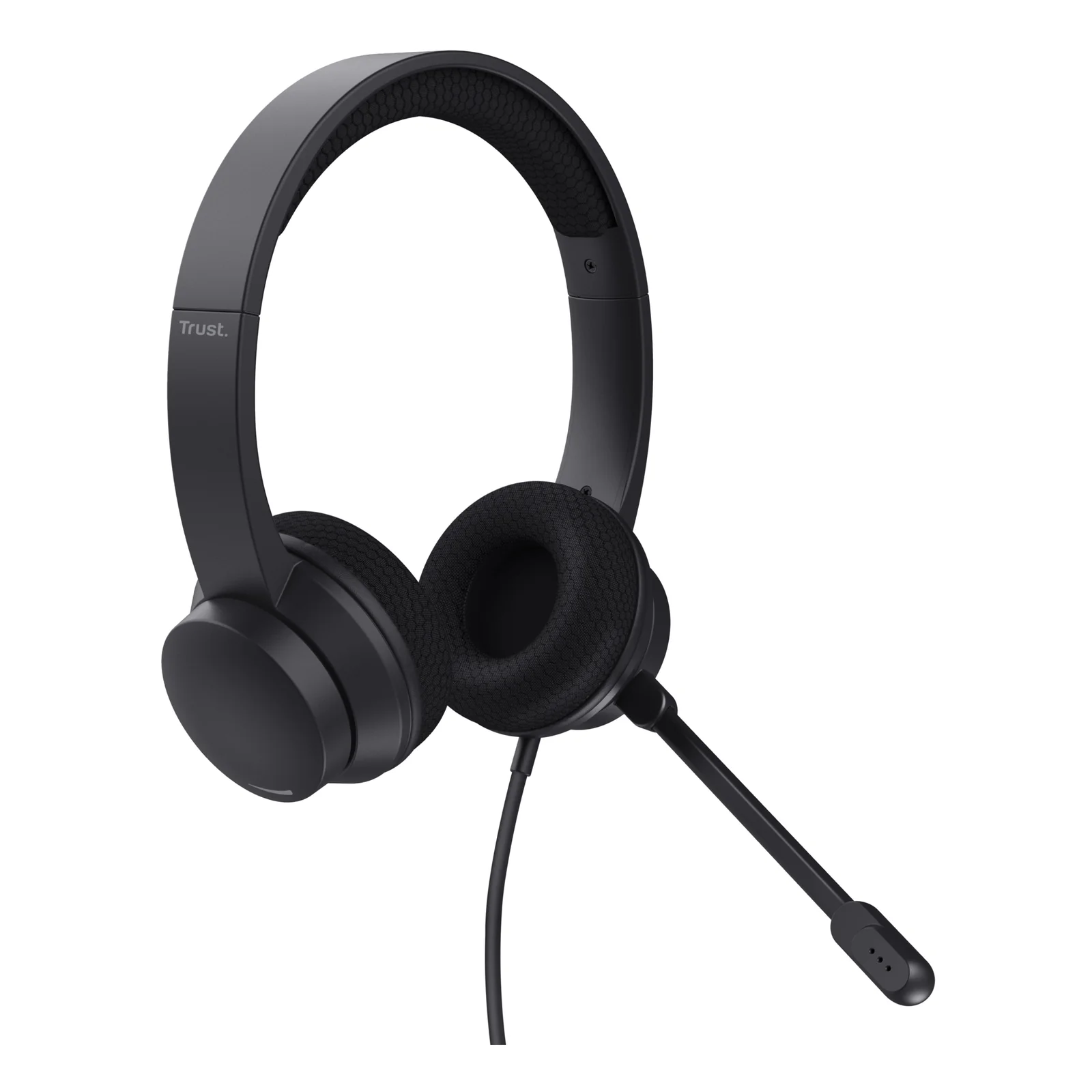 Trust HS-260 vue trois quarts avant, deux oreillettes noires et micro boom baissé