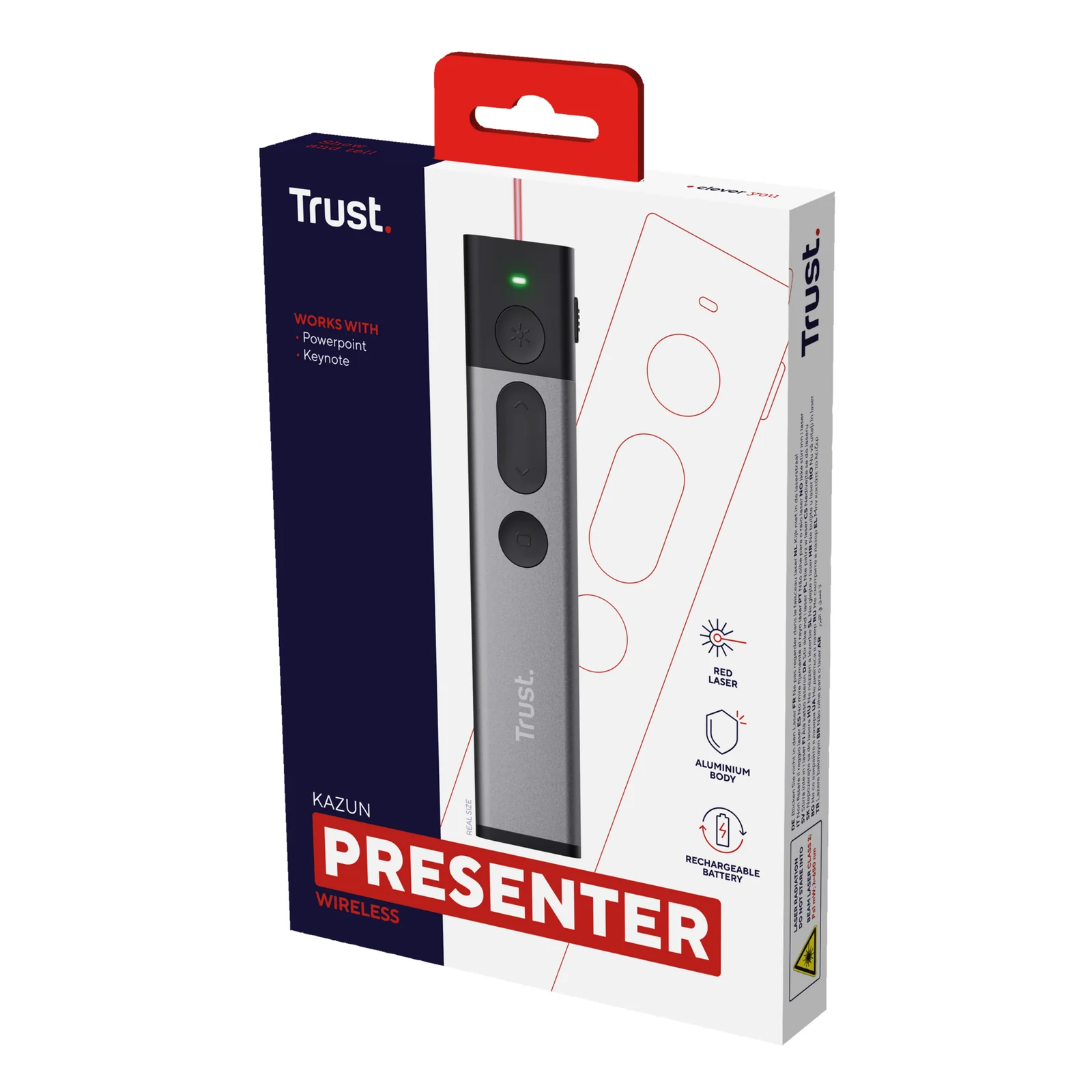 Boîte Trust Kazun Presenter, fond gris, illustration télécommande et liste des fonctions