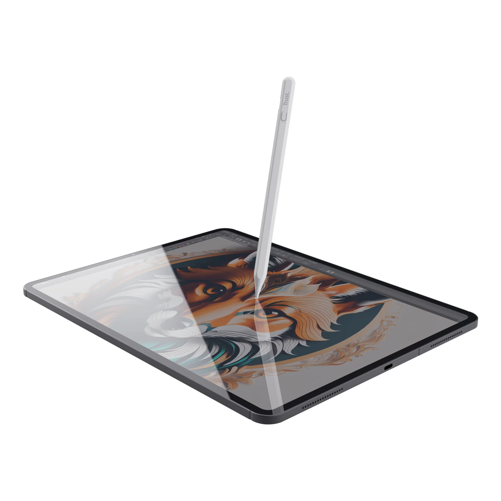 Stylet Trust Kyna utilisé sur un iPad, illustration colorée visible à l'écran