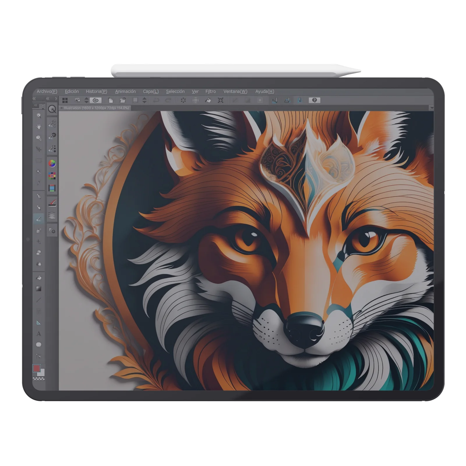 Stylet Trust Kyna en cours d'utilisation sur iPad, illustration renard colorée sur l'écran