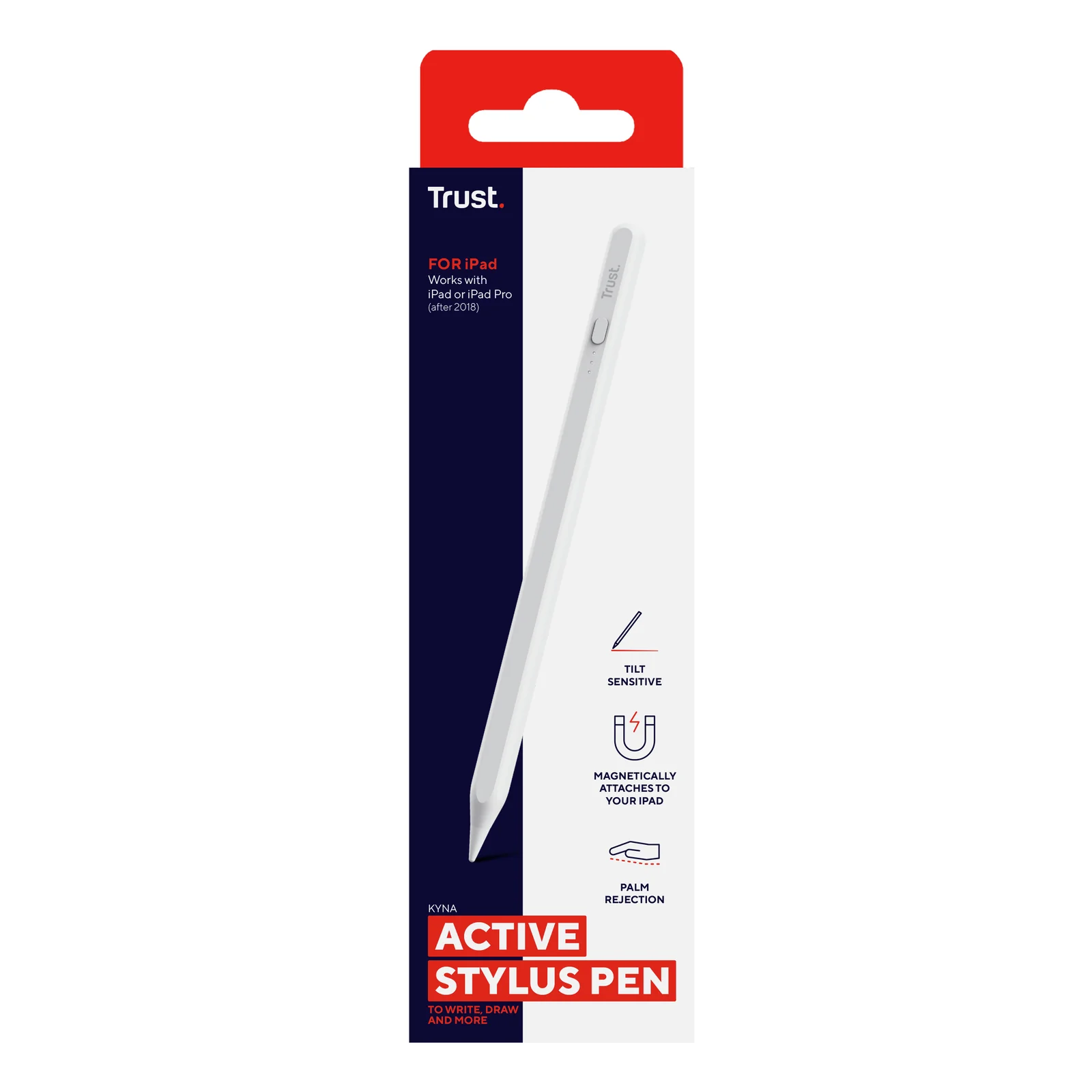 Emballage retail Trust Kyna, boîte rouge et blanche, mention Active Stylus Pen au recto