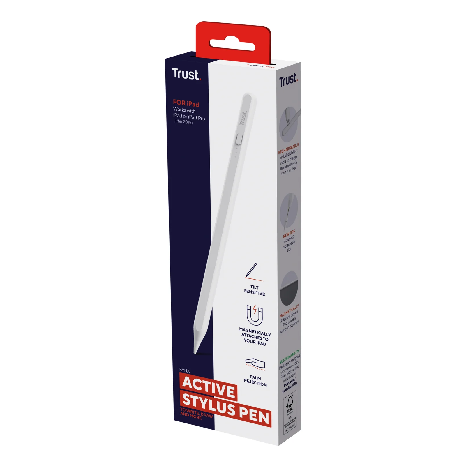 Boîte Trust Kyna Active Stylus Pen, packaging rouge et blanc, vue de face
