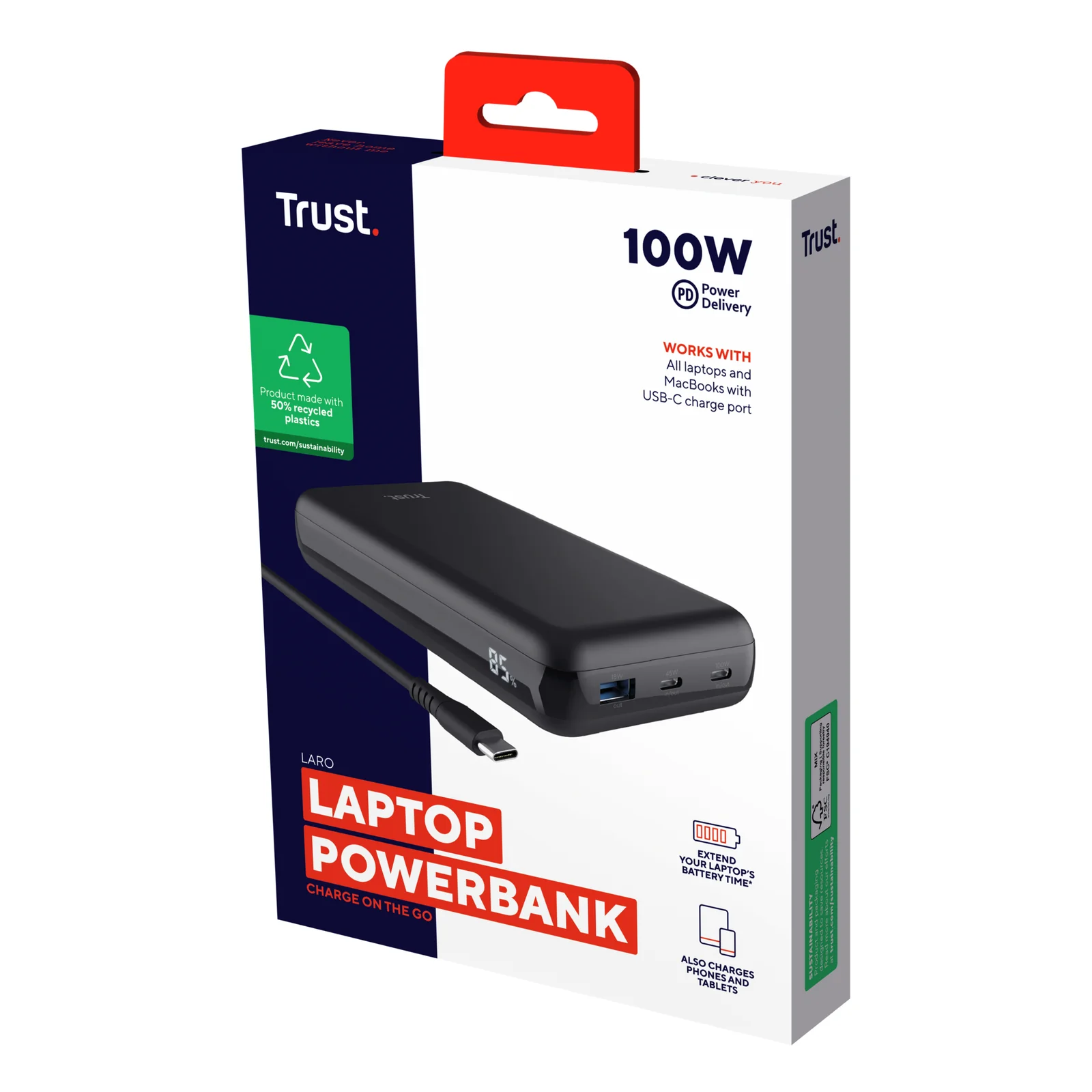 Boîte Trust Laro emballage carton noir et rouge, mention 100W Laptop Powerbank