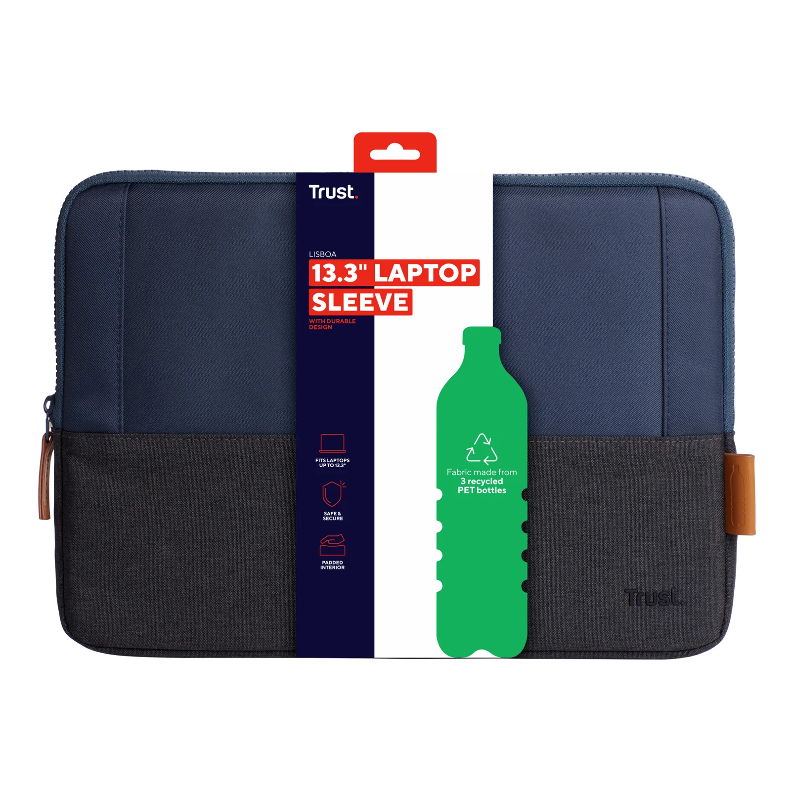 Packaging de la housse Trust Lisboa 25123 avec mention 13.3 Laptop Sleeve et pictogramme bouteille recyclée verte