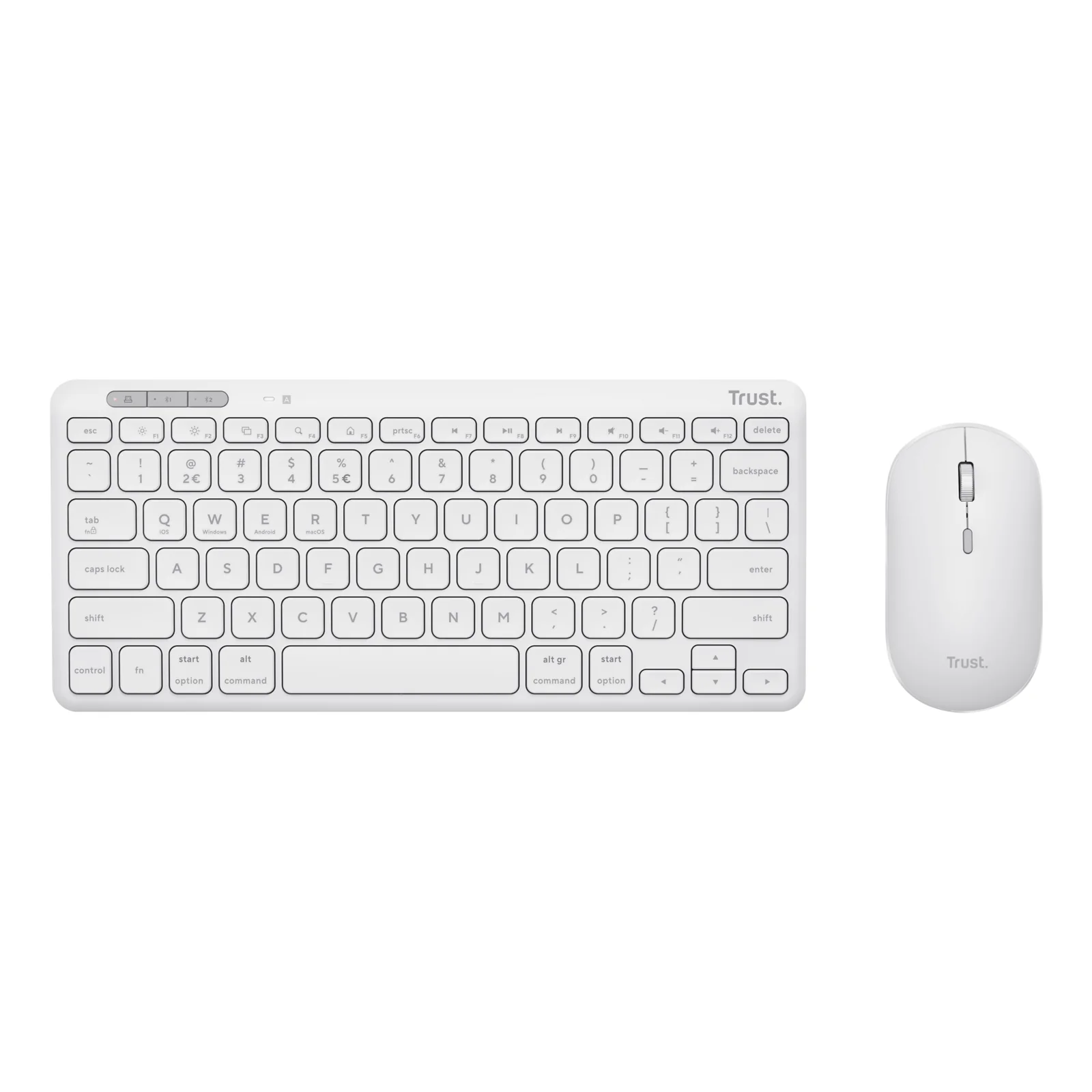 Vue trois quarts face du combo clavier souris Trust Lyra blanc