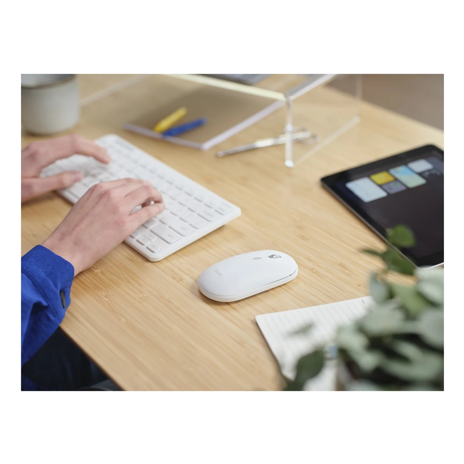 Mains sur le clavier et la souris Trust Lyra blancs, bureau en bois avec tablette