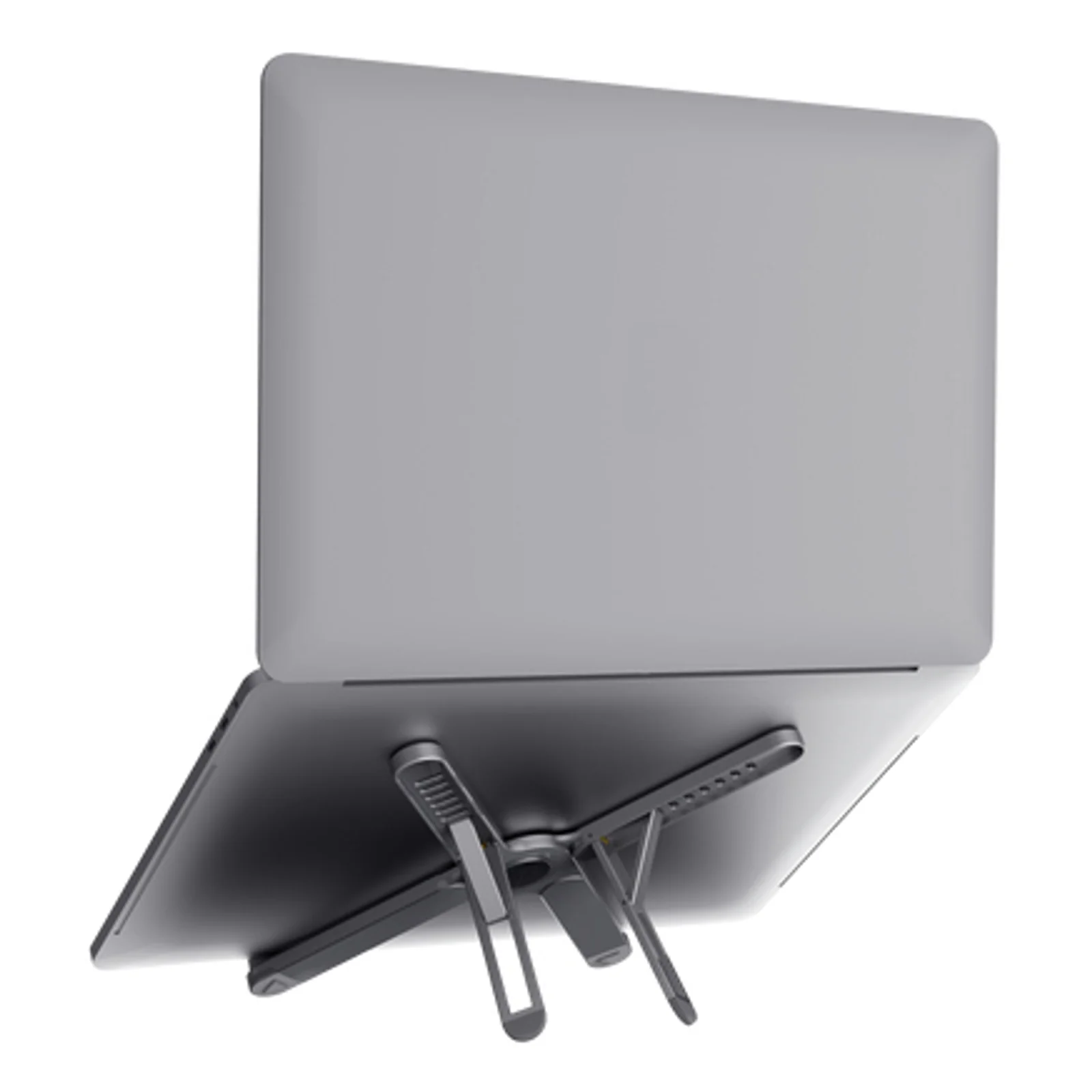 Support Trust Macy avec MacBook en position haute, inclinaison maximale, vue de côté