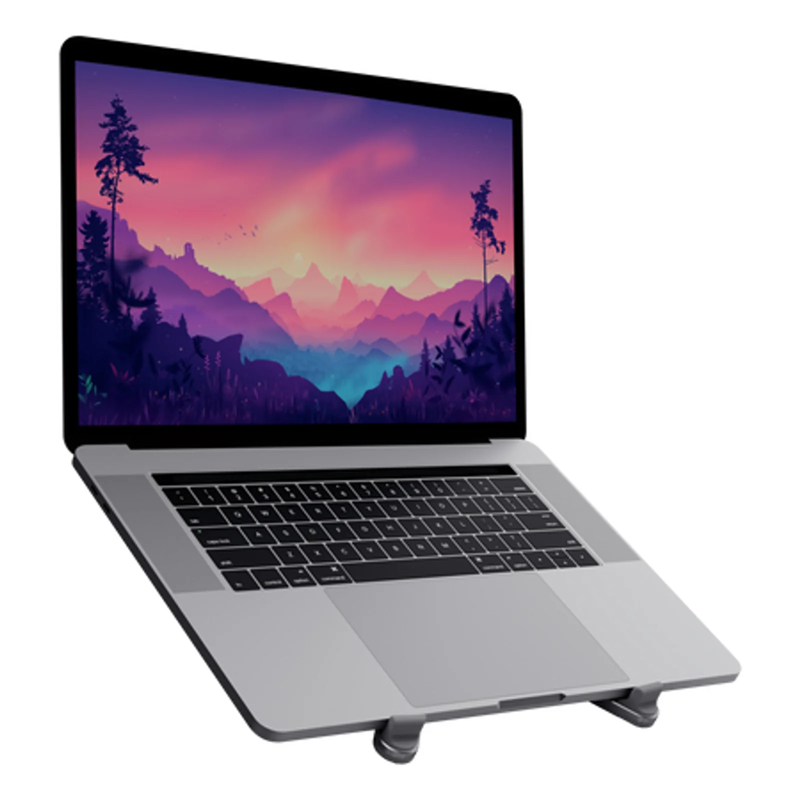 Support Trust Macy déployé avec MacBook posé dessus, vue légèrement en plongée