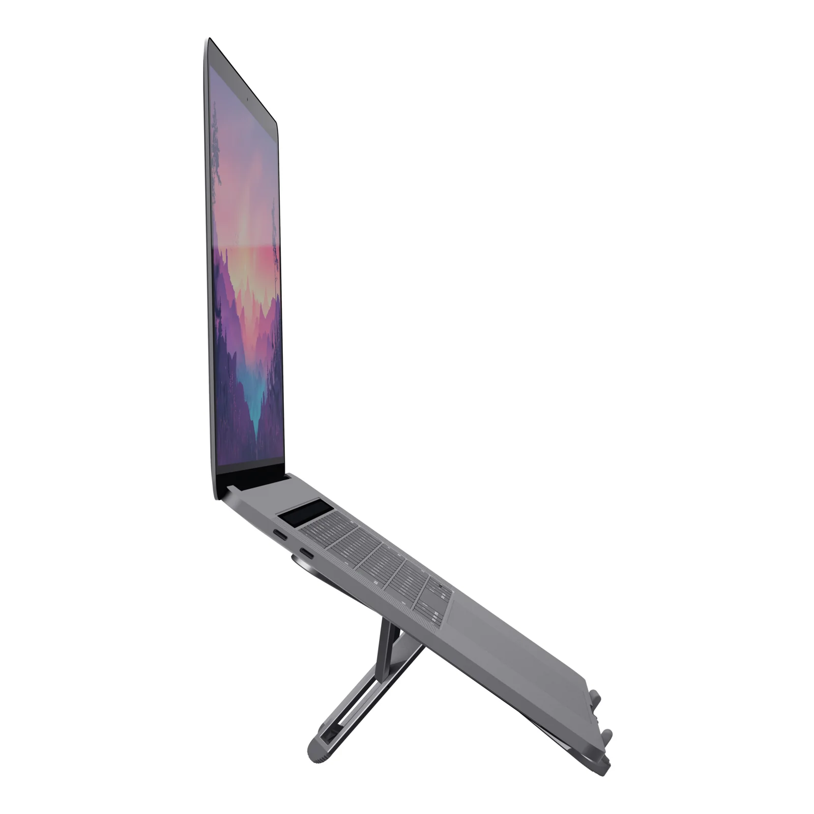 Support Trust Macy avec MacBook, vue latérale montrant l'inclinaison
