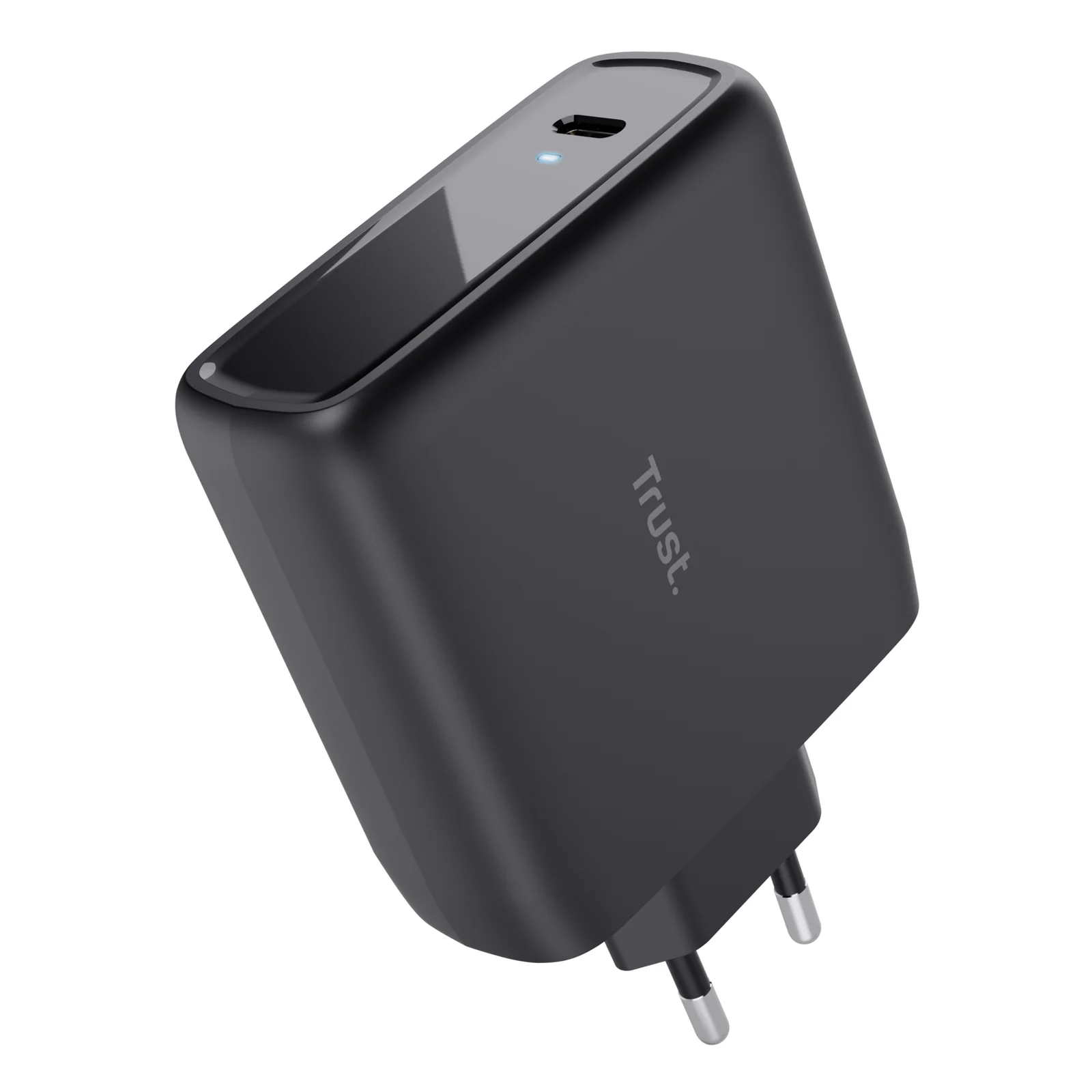 Vue de face, chargeur Trust Maxo noir compact, port USB-C visible en haut