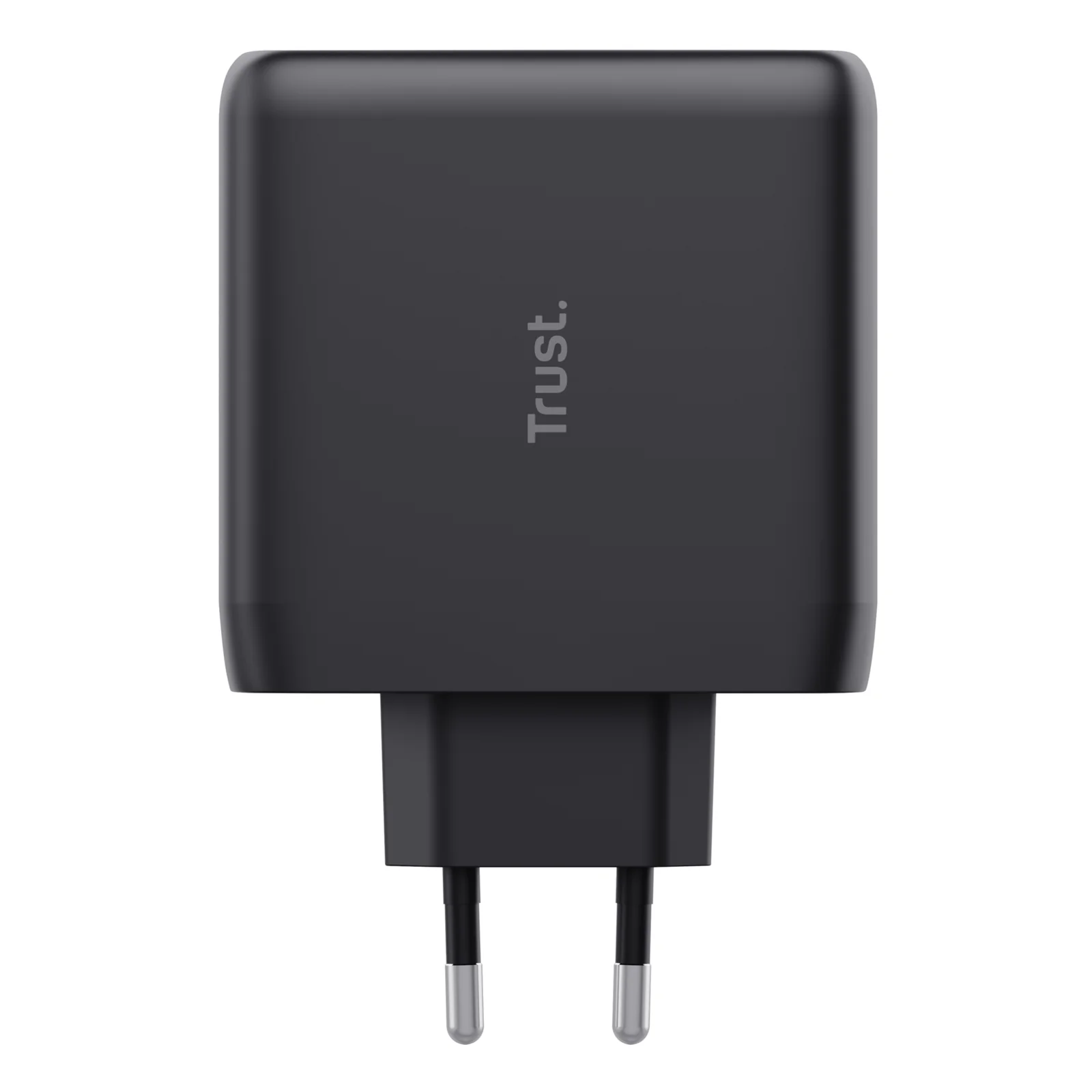 Vue de face grand angle, chargeur Trust Maxo noir, logo Trust, fiche EU