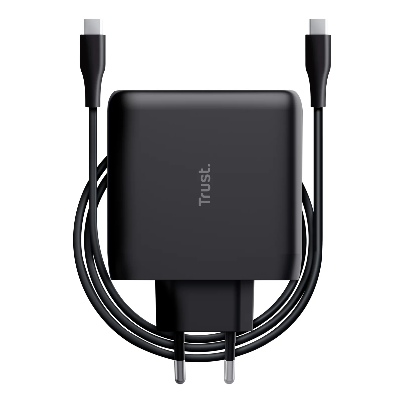 Chargeur Trust Maxo noir avec câble USB-C 2 m déroulé, fond blanc