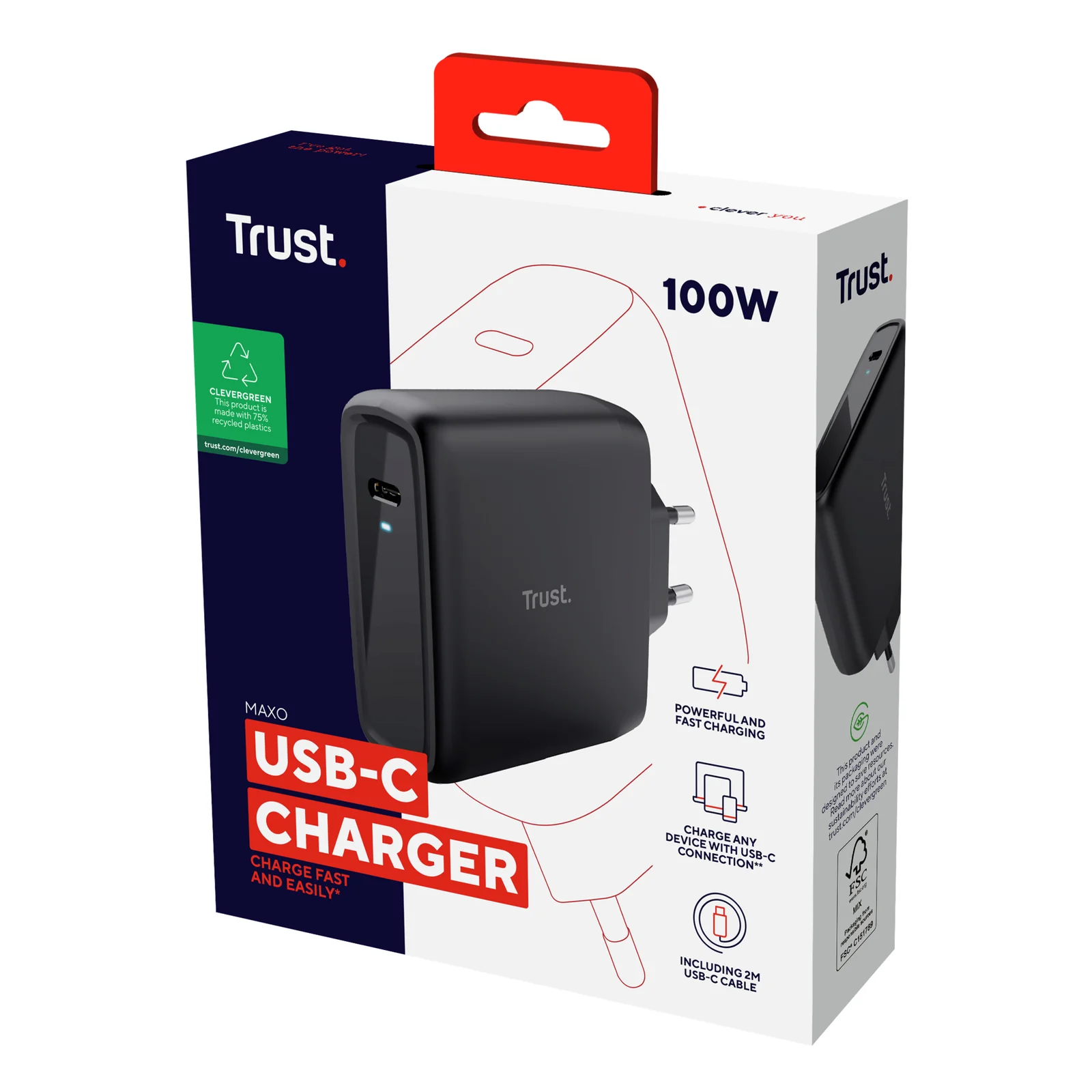 Boîte de vente Trust Maxo 100 W USB-C Charger avec chargeur posé devant