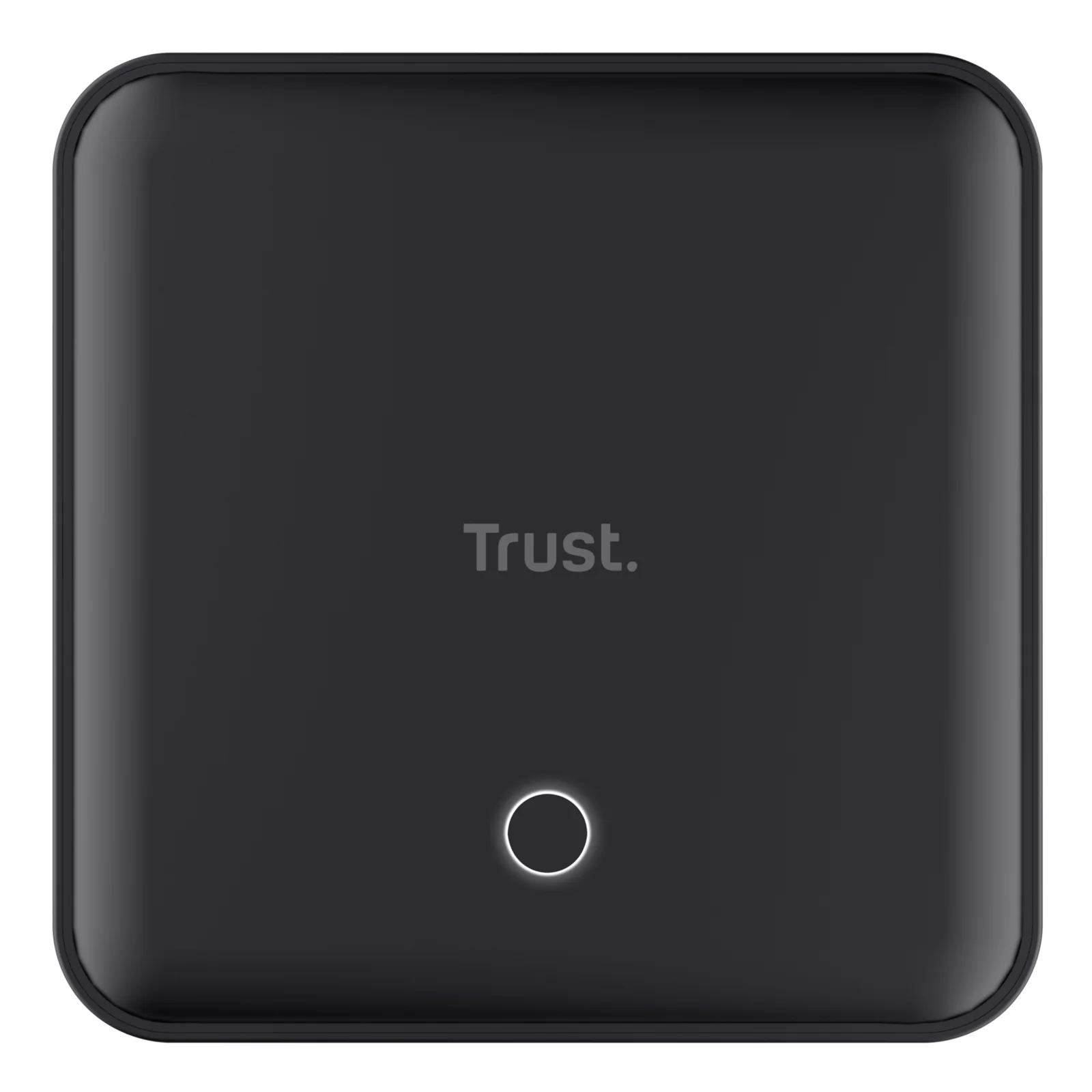 Vue plongeante du Trust Maxo noir, logo Trust et bouton circulaire centré
