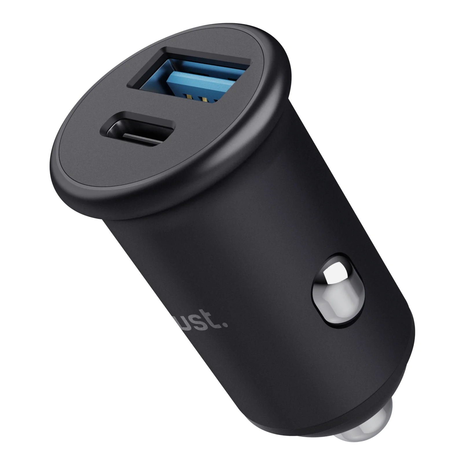 Trust Maxo, vue trois quarts, inscription Trust sur le corps noir, ports USB-A et USB-C visibles