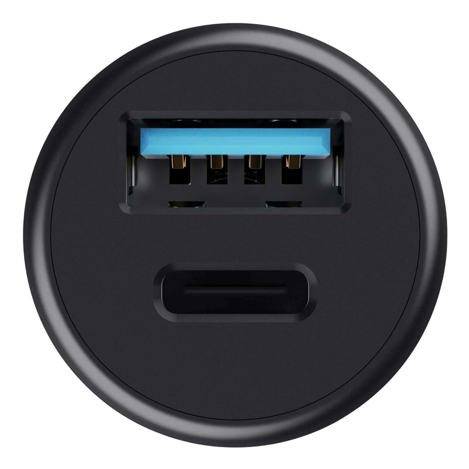 Gros plan sur les ports du Trust Maxo, USB-A rectangulaire bleu en haut, USB-C ovale en bas