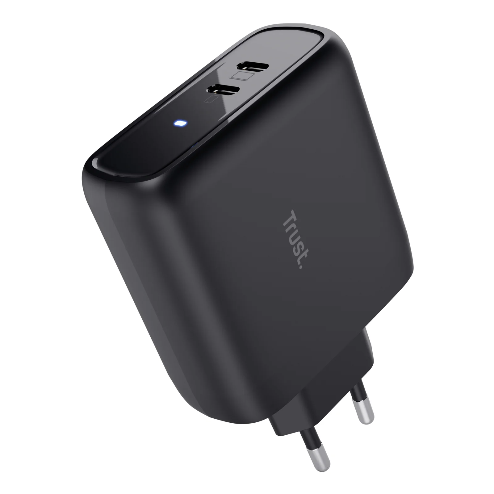 Chargeur Trust Maxo, vue avant légèrement inclinée, deux ports USB-C, voyant LED bleu allumé