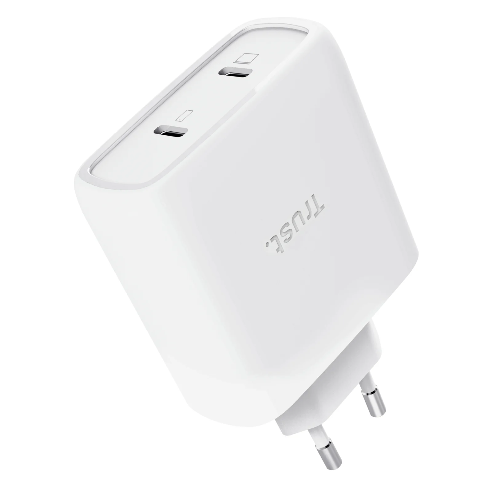 Vue en angle du chargeur Trust Maxo blanc, ports USB-C et fiche EU visibles