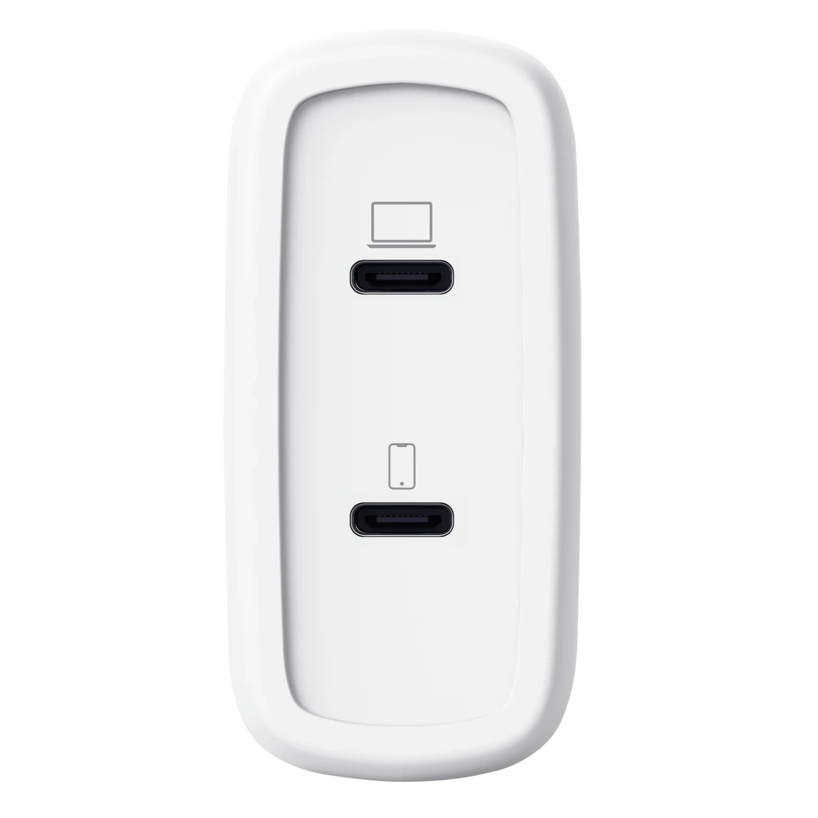 Vue de dos du chargeur Trust Maxo blanc, deux ouvertures USB-C rectangulaires, surface lisse