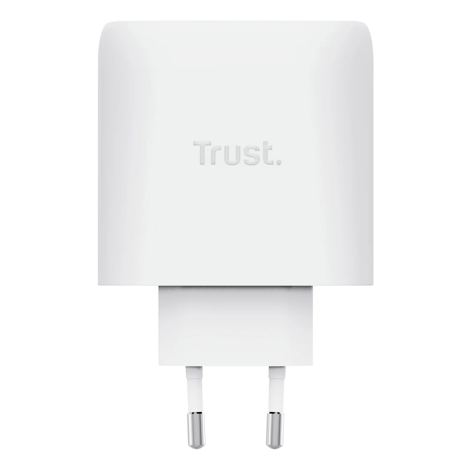 Vue latérale du chargeur Trust Maxo blanc, logo Trust gravé, fiche EU apparente