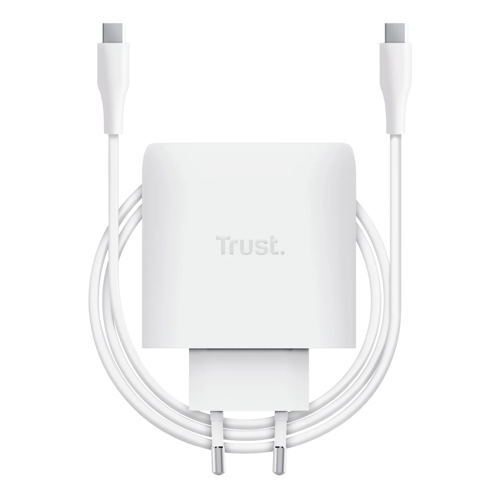 Chargeur Trust Maxo blanc accompagné du câble USB-C blanc de 2 m déroulé