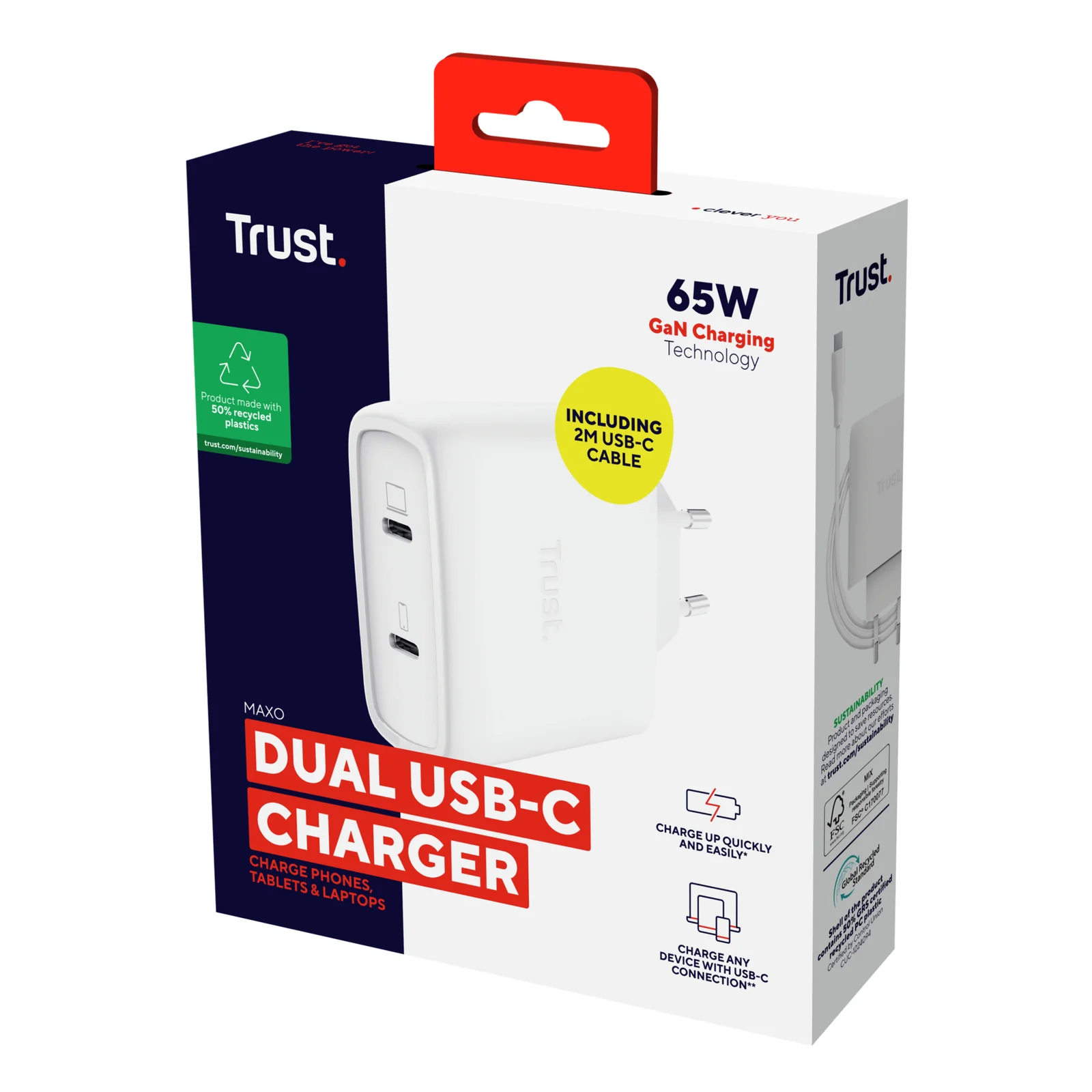 Emballage retail du Trust Maxo, mention 65W Dual USB-C Charger, fond sombre