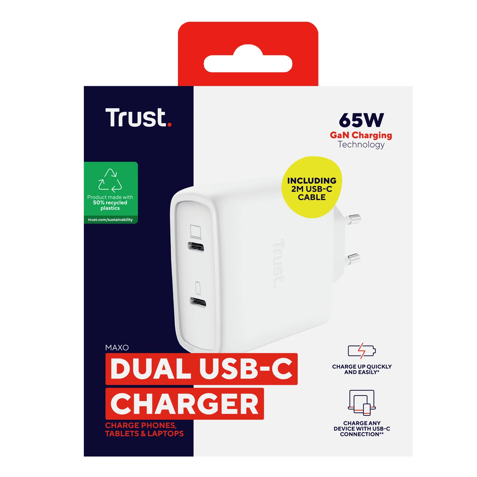Boîte du chargeur Trust Maxo vue de face, logo Trust et indication 65W Dual USB-C