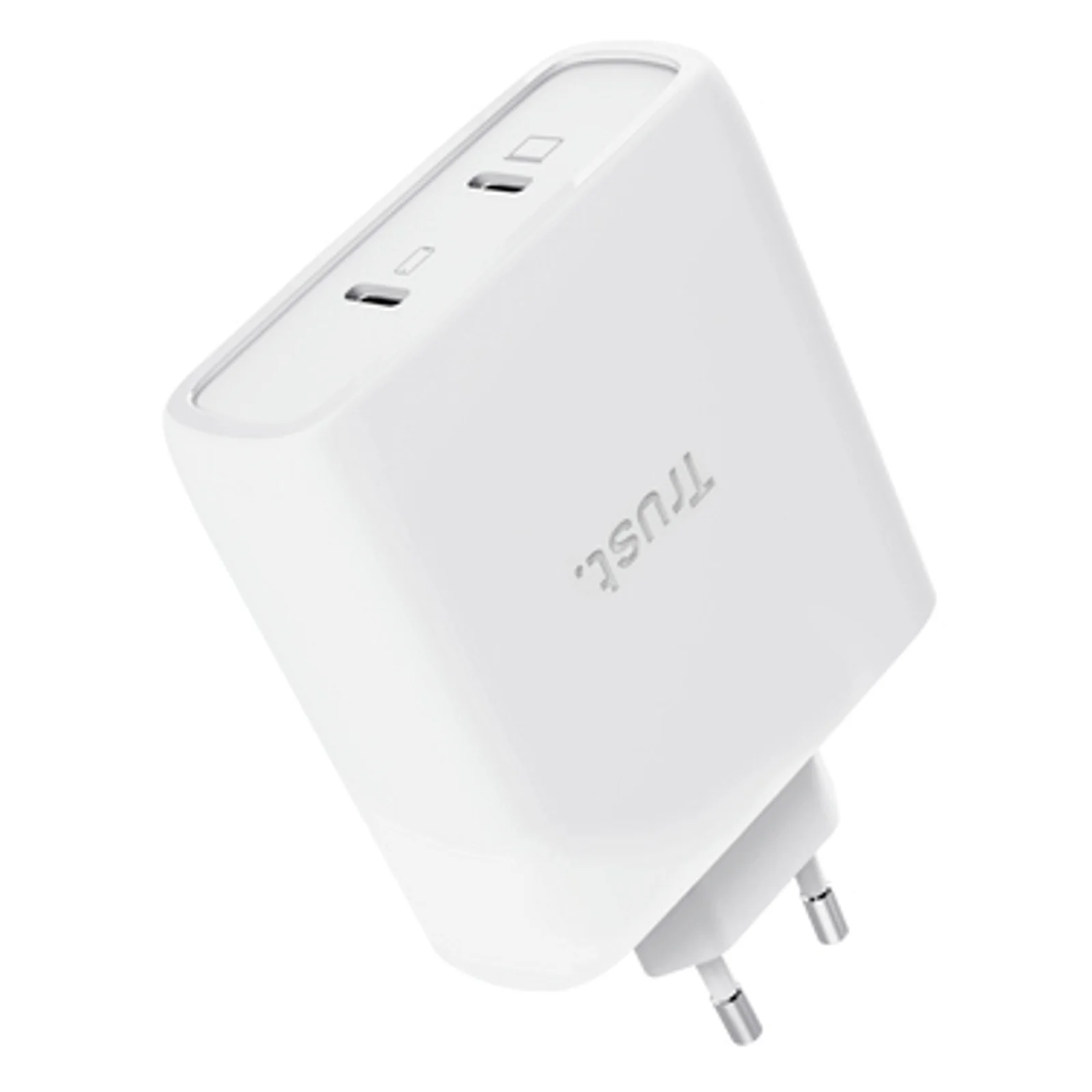 Chargeur Trust Maxo vue trois-quarts, logo Trust visible sur le côté