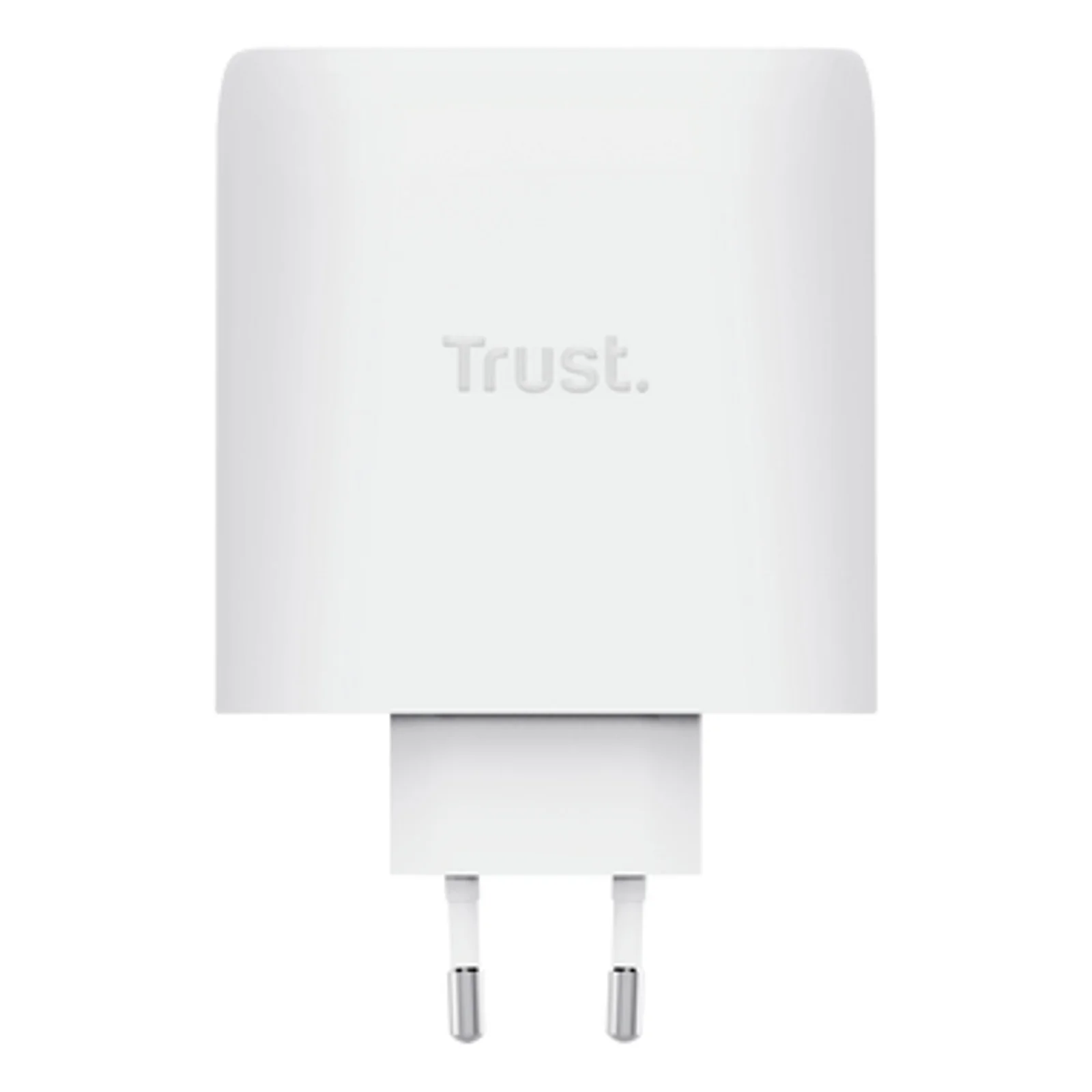 Dos du chargeur Trust Maxo blanc avec logo Trust et fiche secteur EU