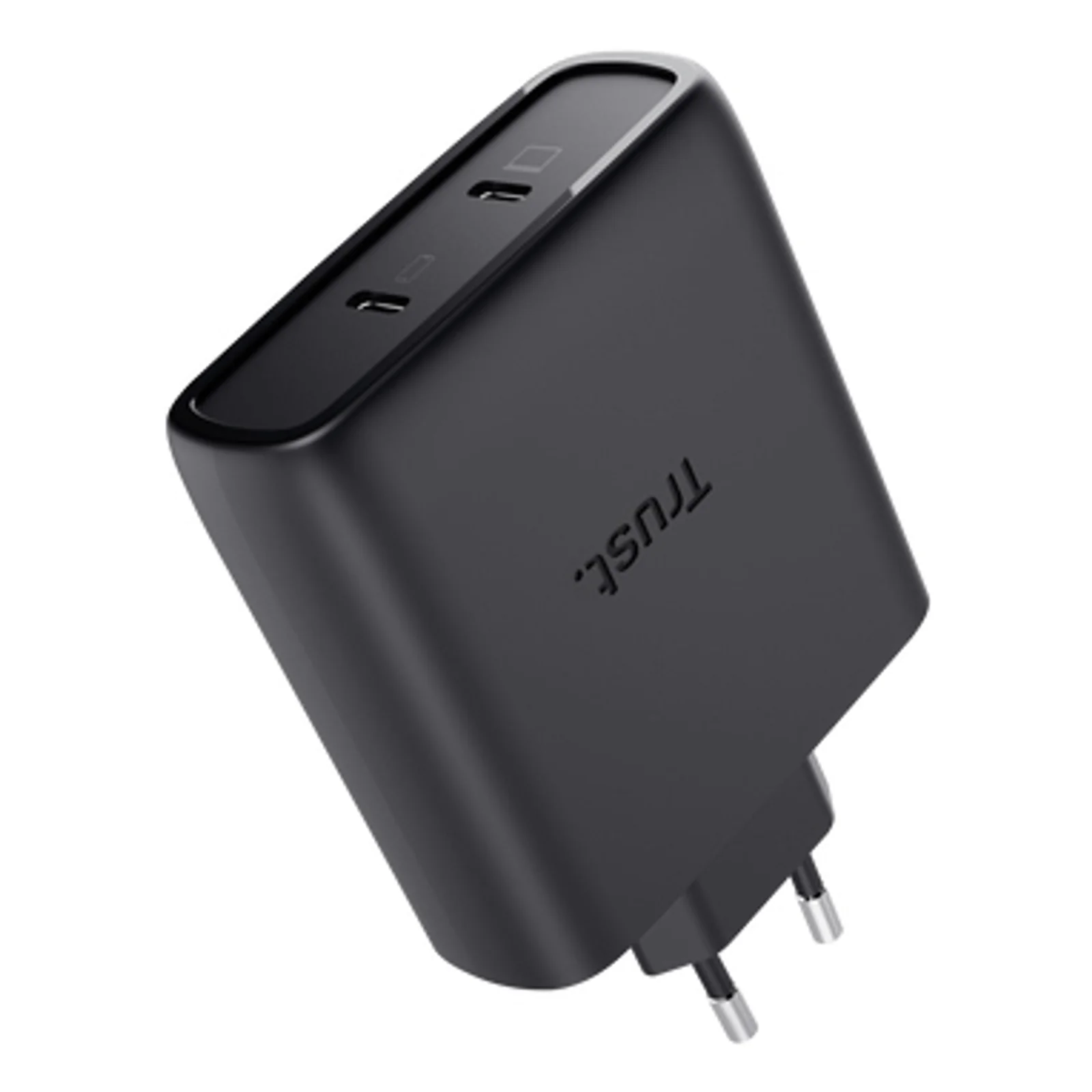 Chargeur Trust Maxo noir, vue frontale, deux ports USB-C alignés verticalement, fiche secteur EU