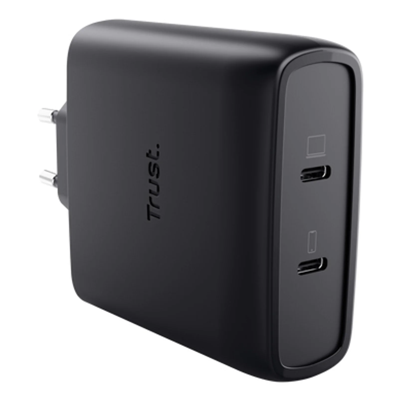 Chargeur Trust Maxo 100W noir, angle légèrement de biais, deux ports USB-C côte à côte visibles