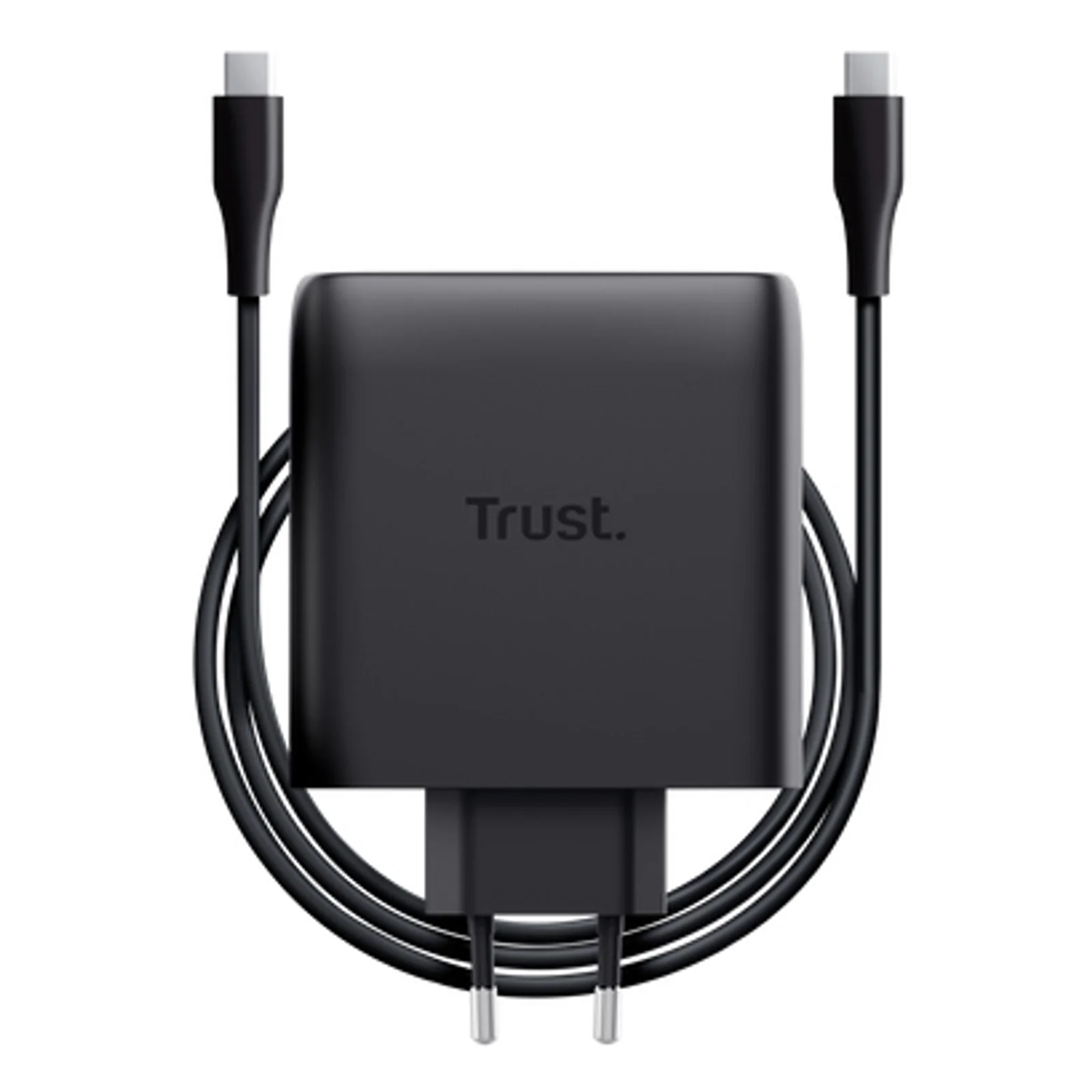 Chargeur Trust Maxo noir avec câble USB-C 2 m inclus déroulé sur fond blanc