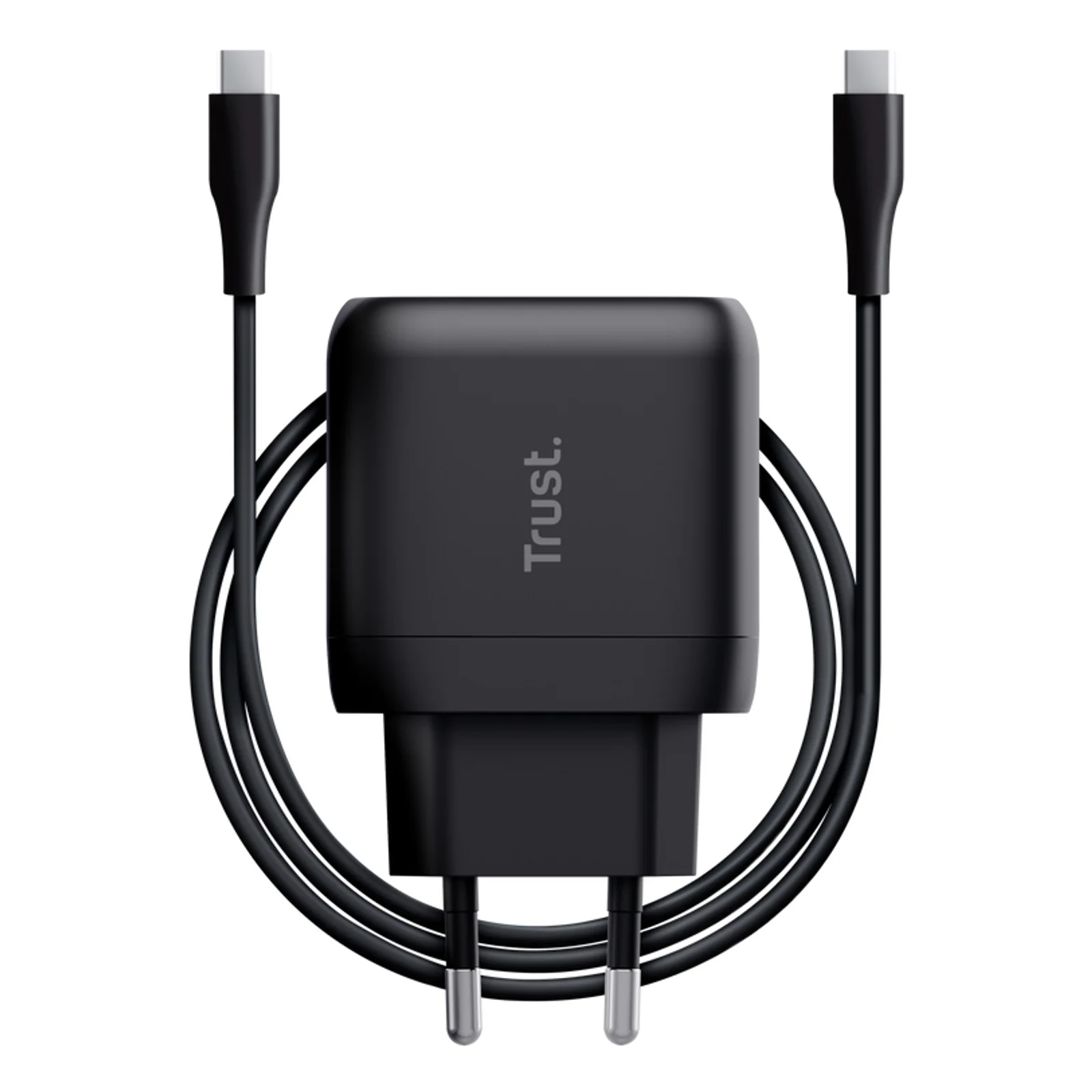 Chargeur Trust Maxo 45W avec câble USB-C de 2 m inclus déroulé, fond blanc, couleur noire