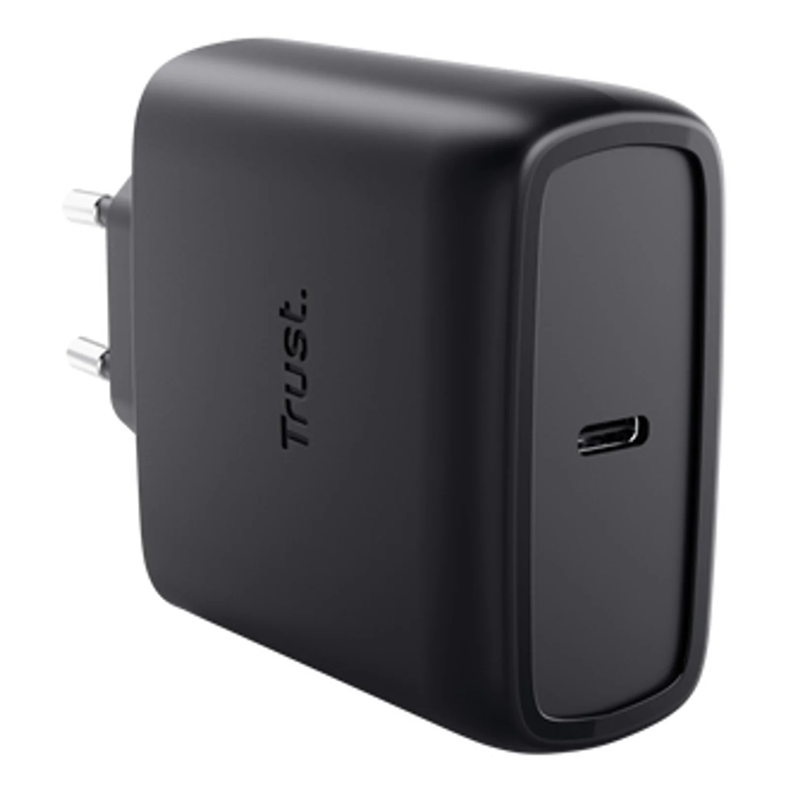 Vue de face, chargeur GaN Trust Maxo 65W noir, port USB-C sur la tranche inférieure