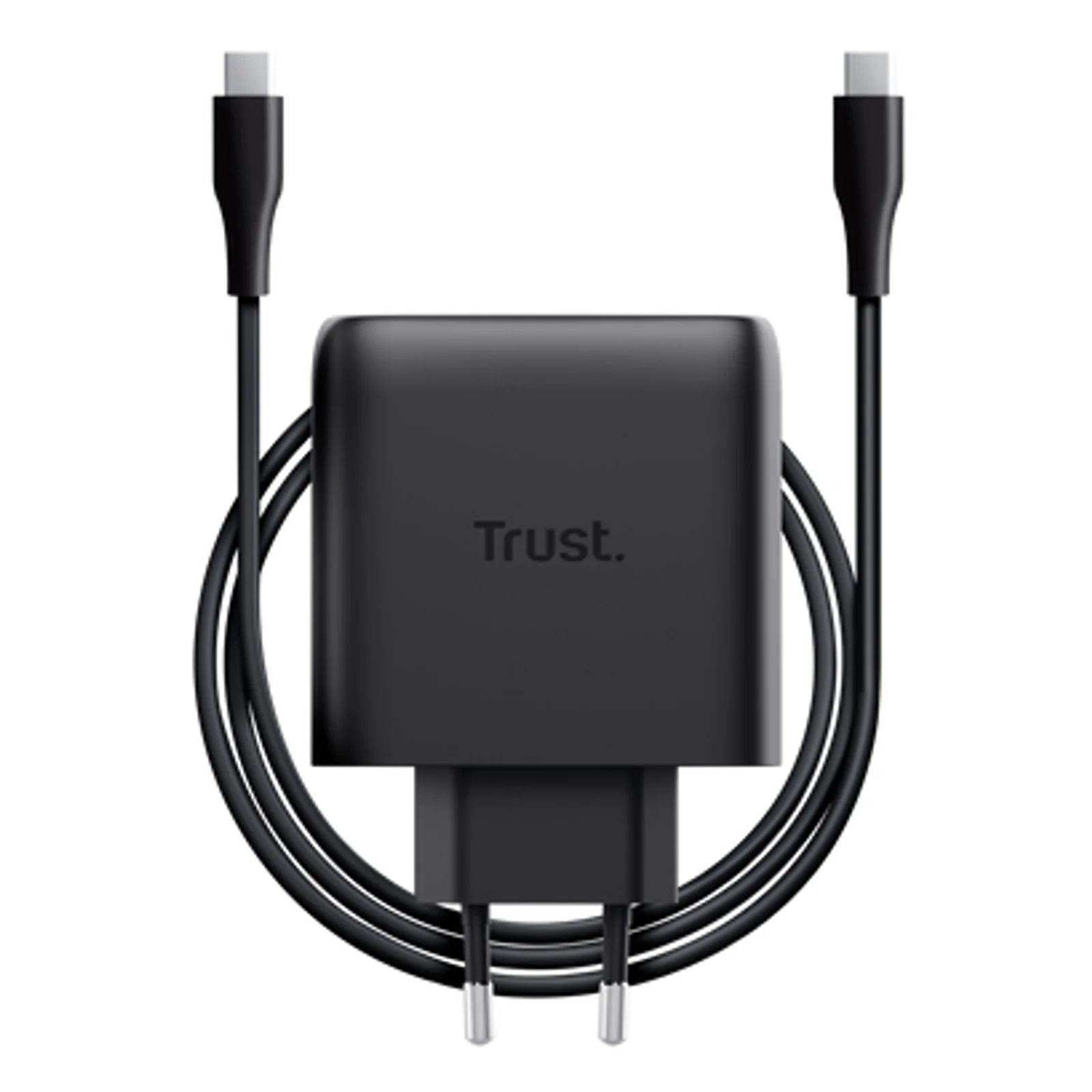 Chargeur Trust Maxo GaN USB-C 65W noir avec câble USB-C 2 m fourni déroulé à côté