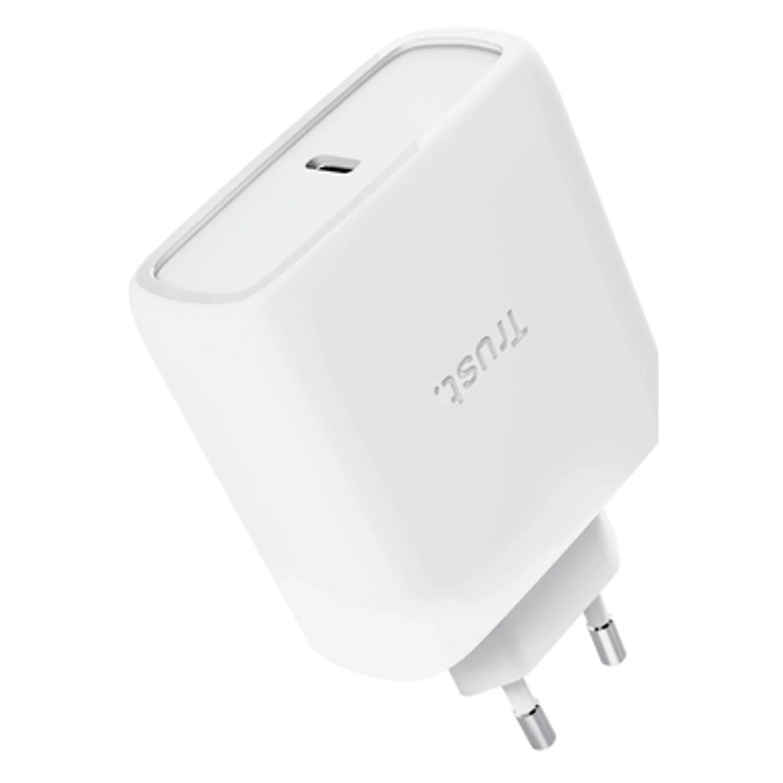 Chargeur Trust Maxo blanc, vue arrière trois quarts, broches secteur EU et logo Trust